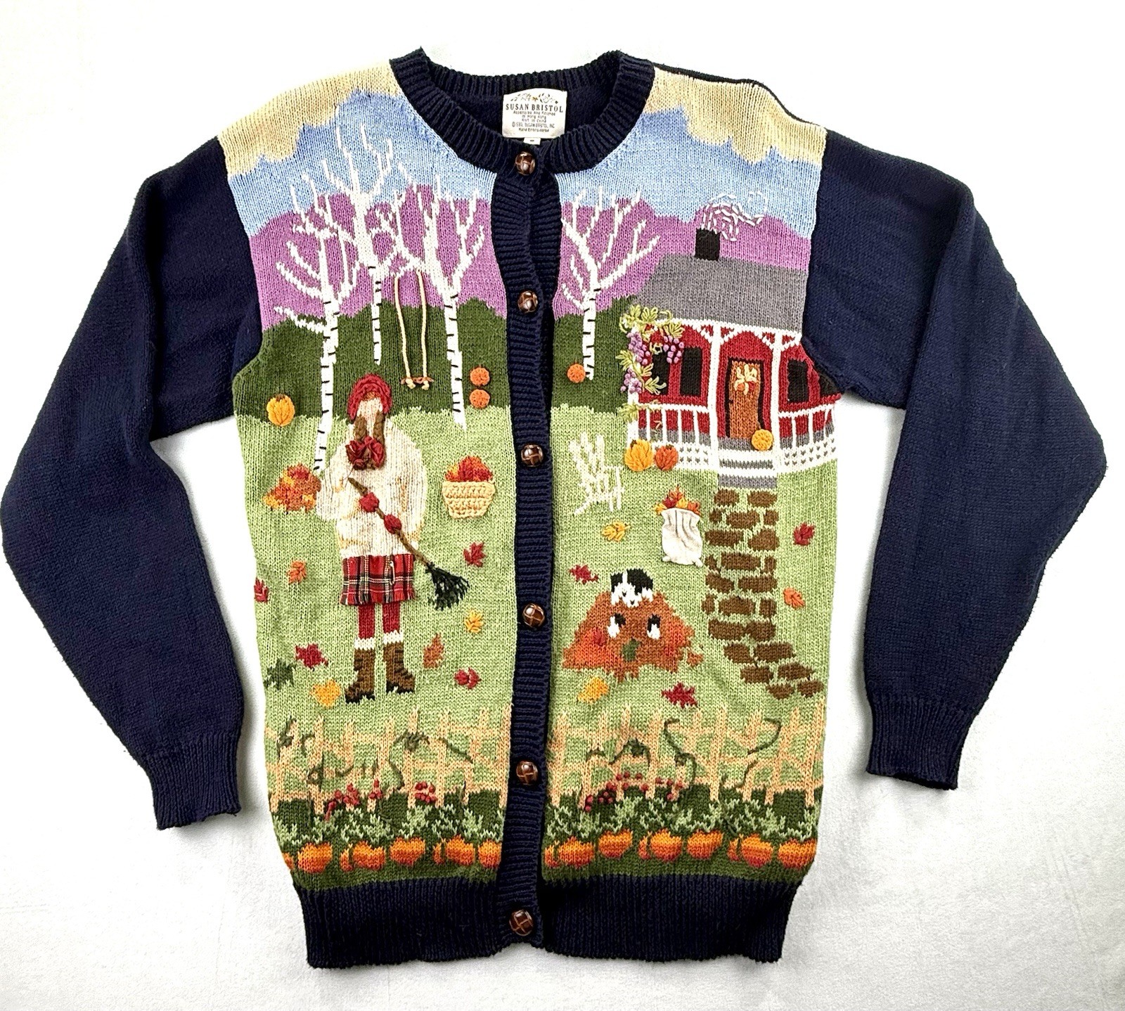 VTG 3D Susan Bristol Embroidered Knit Cardigan S Sweater Cottagecore Fall Cabin VTG 3D Susan Bristol Embroidered Knit Cardigan S Sweater Cottagecore Fall Cabin