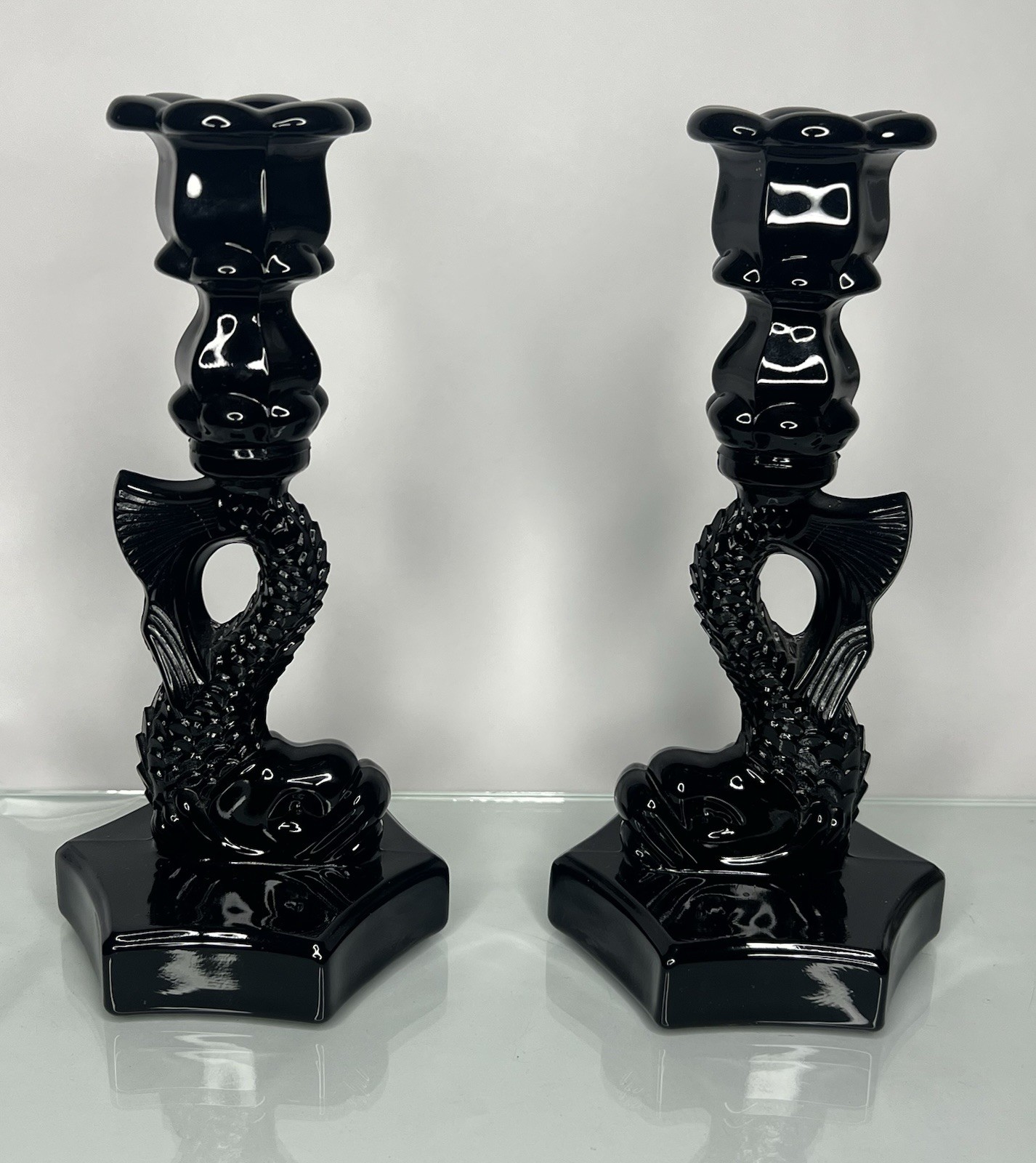 PAIR of Vintage Westmoreland Opaque Black Glass Koi Fish Candle Holders 9.75” PAIR of Vintage Westmoreland Opaque Black Glass Koi Fish Candle Holders 9.75”