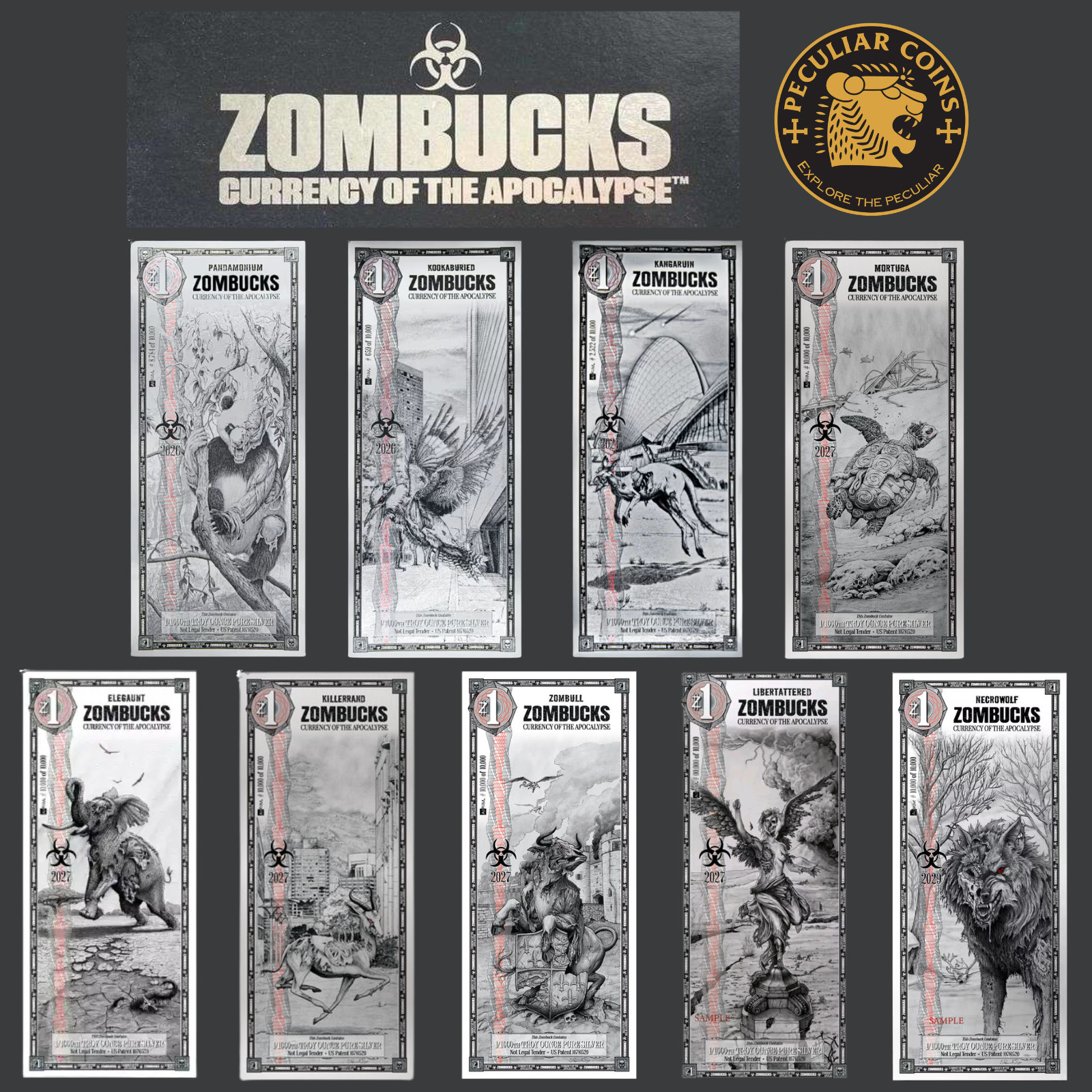 ZOMBUCKS WORLD SILVER NOTES - RARE COMPLETE 9 PIECE SET SERIAL #\'S ENCLOSED COA