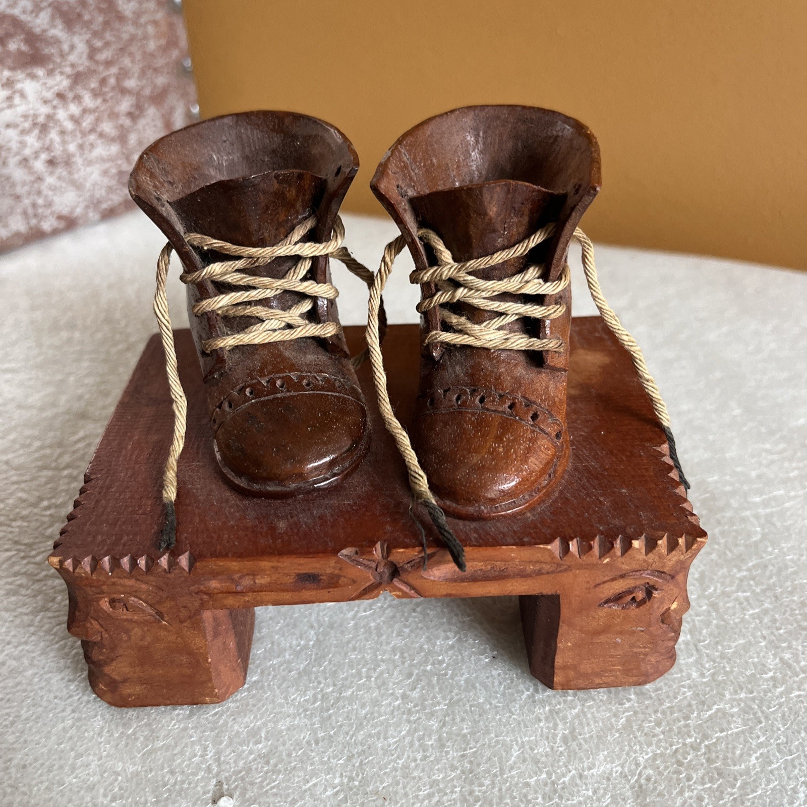 Vintage Hand Carved Miniature Wood Boots Shoes Laces Folk Art Cecil Bensen 1952 Vintage Hand Carved Miniature Wood Boots Shoes Laces Folk Art Cecil Bensen 1952