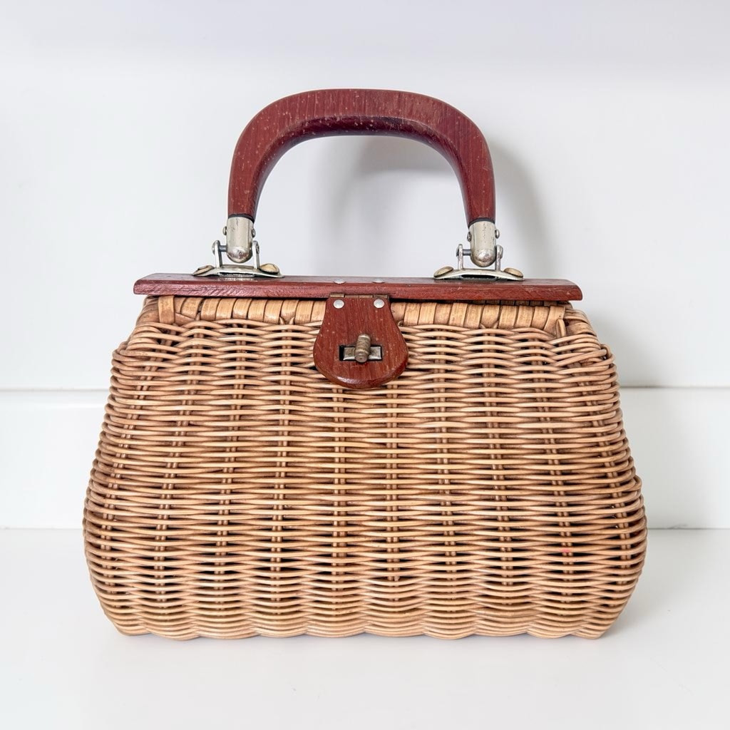 Vintage 1950s Wicker Basket Purse Wood Frame Handle Mid Century Handbag