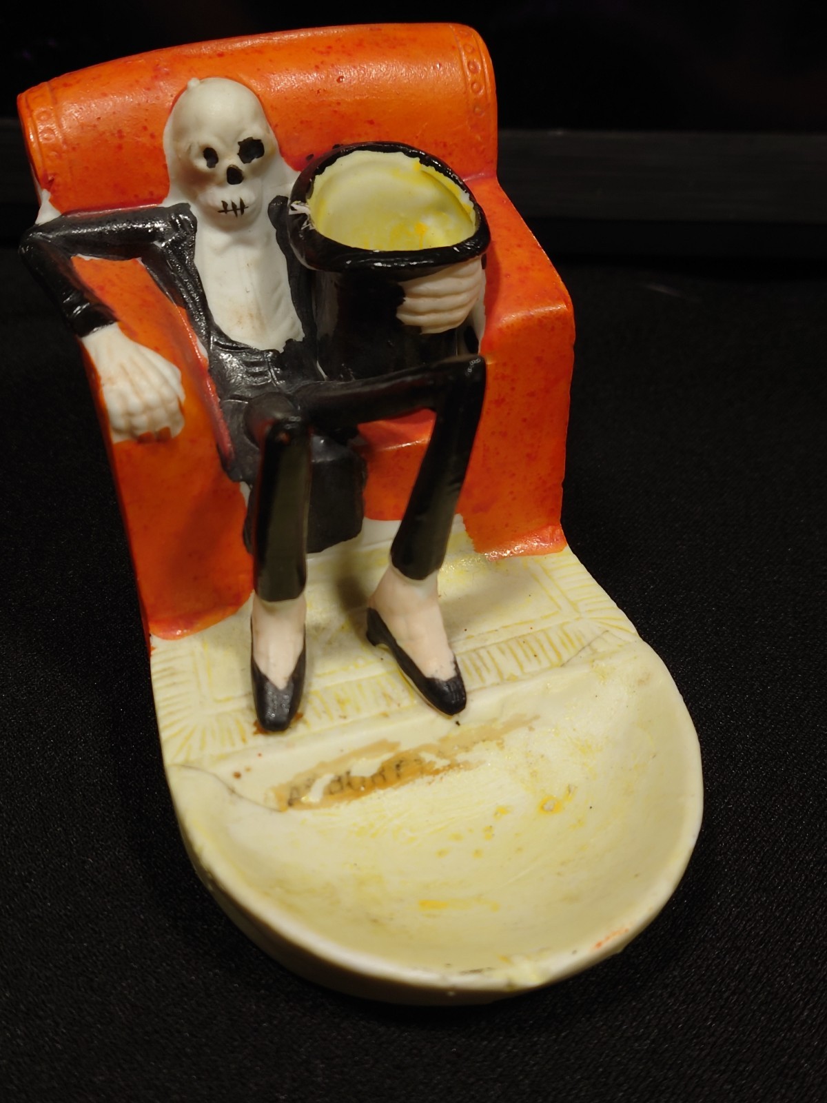 Vintage HSK Japan Tuxedo Skeleton on Chair Match Holder Striker Bisque Vintage HSK Japan Tuxedo Skeleton on Chair Match Holder Striker Bisque