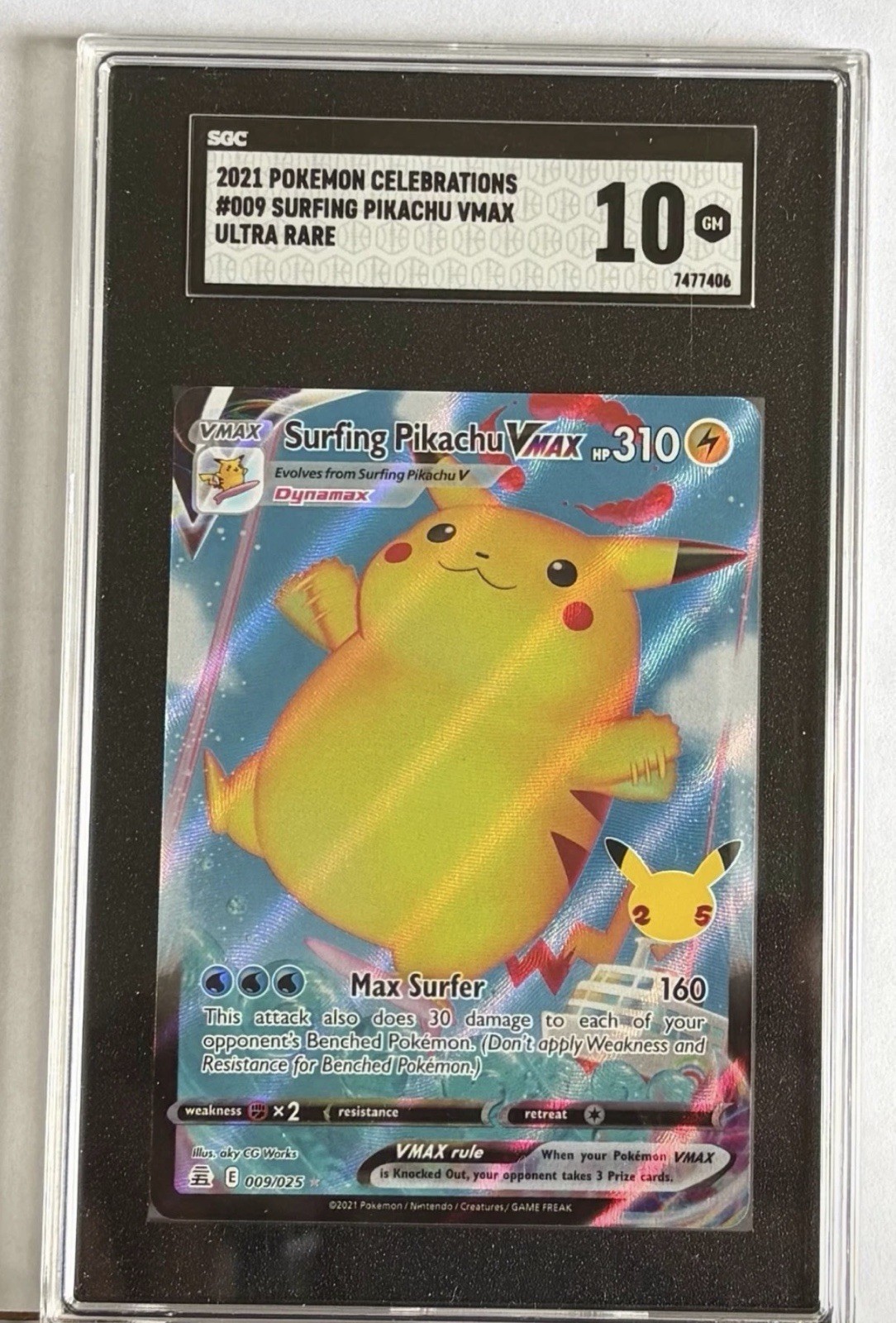 2021 Pokemon Celebrations #009 Surfing Pikachu VMAX Ultra Rare SGC 10 GEM MINT