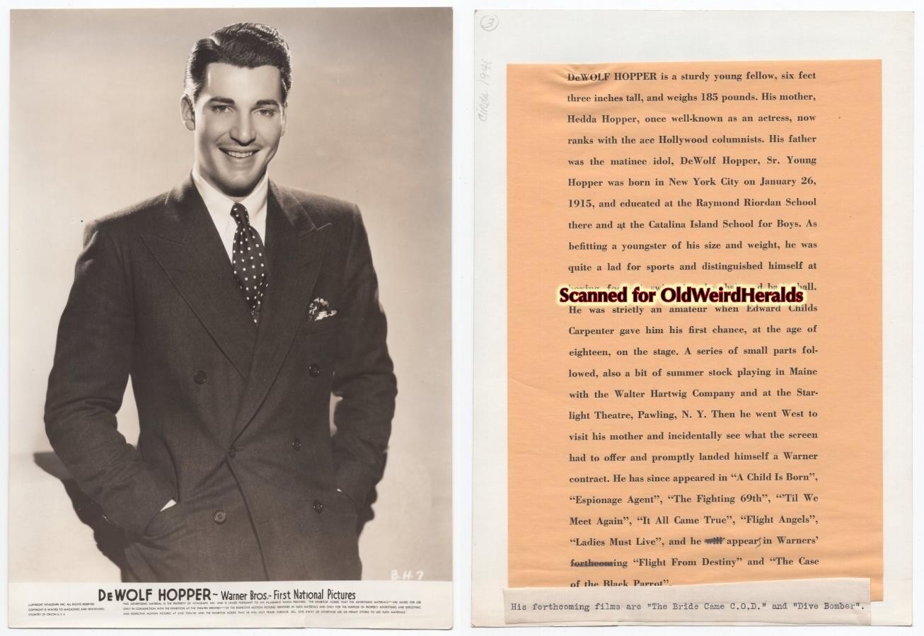 WILLIAM HOPPER PORTRAIT PHOTO w/Press DeWOLF HOPPER Vintage 1941 Pre PERRY MASON