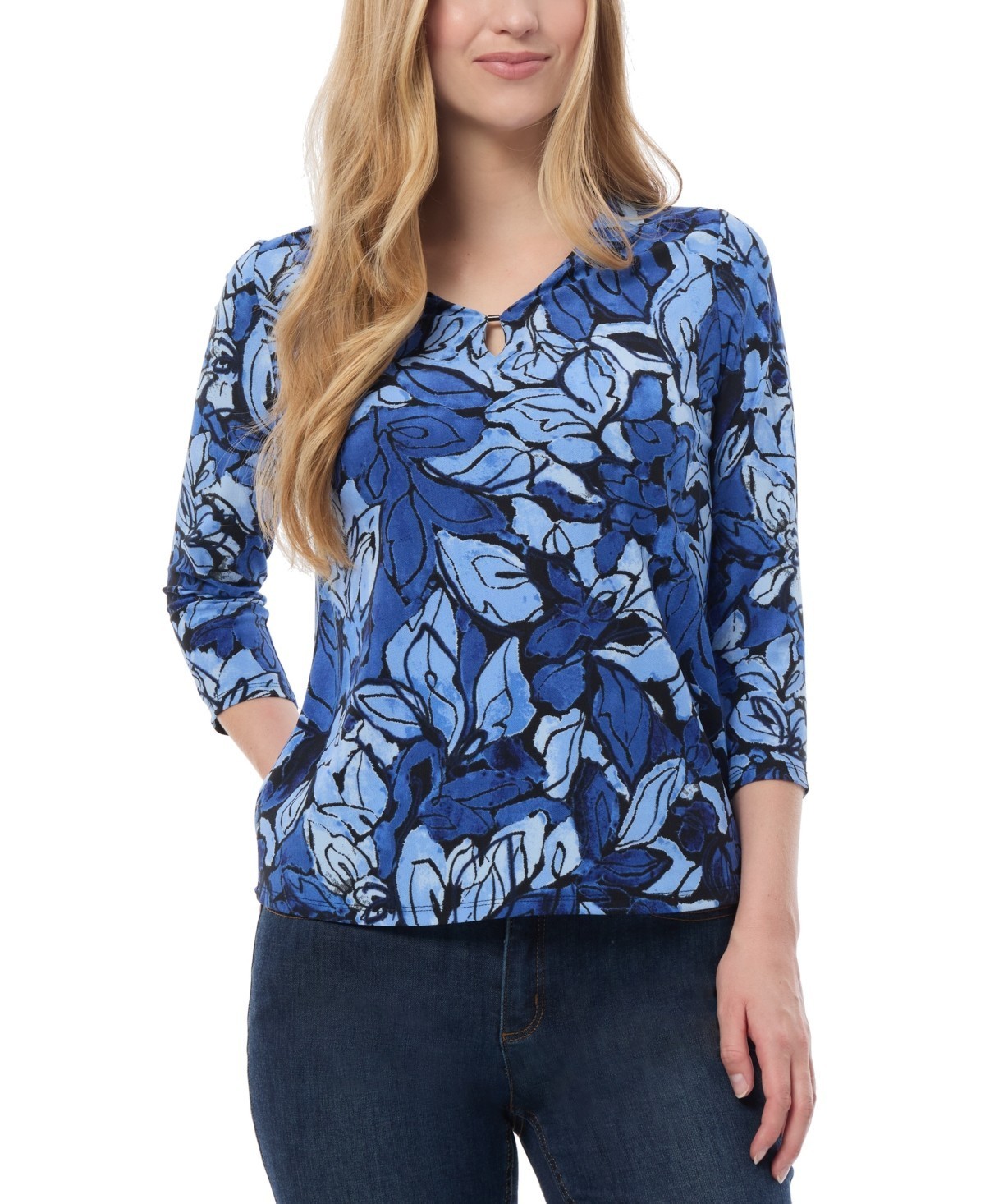 Jones New York Petite Printed Keyhole 3/4 Sleeve Top Women PM Blue Horizon Multi