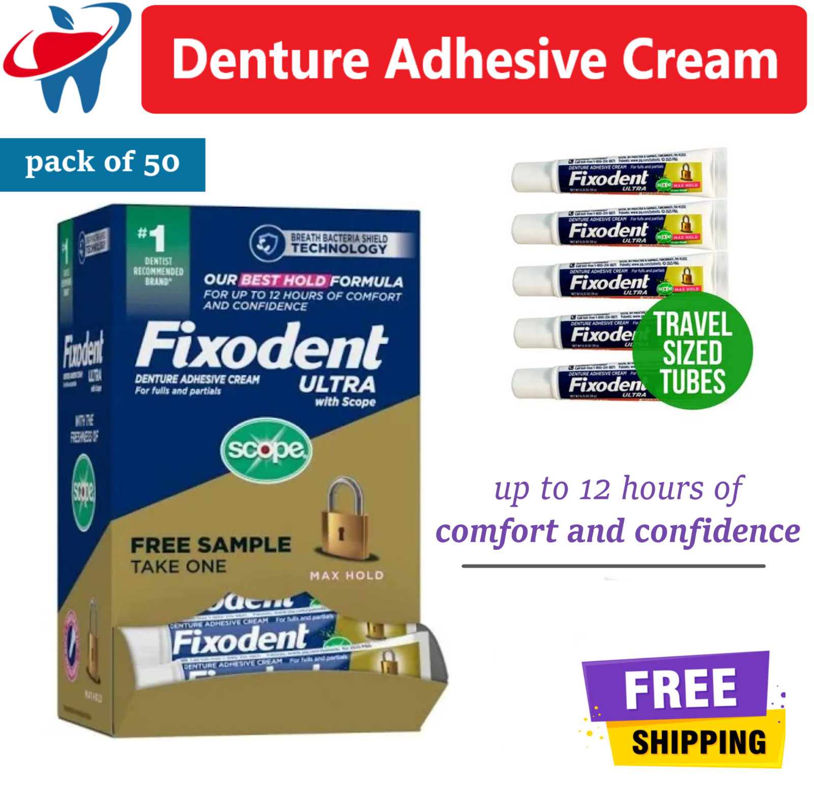 Fixodent Ultra Denture Adhesive Cream Tubes 0.35oz, 50/Pack, Travel Size Samples