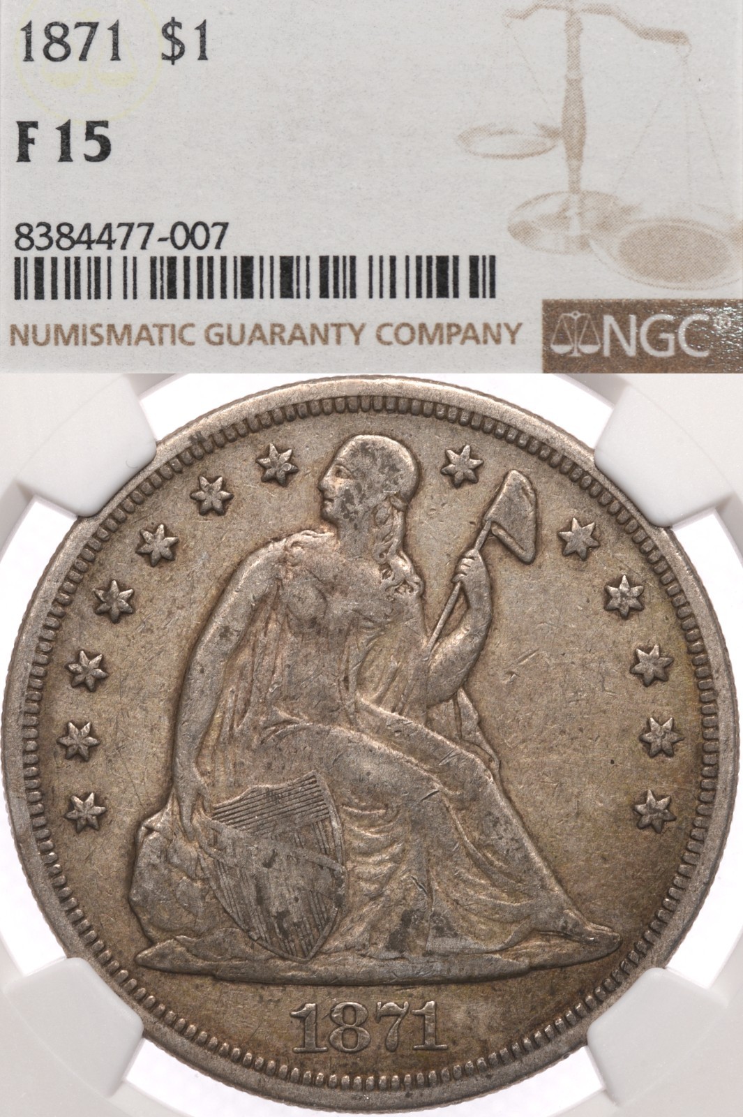 1871 $1 NGC F15 Seated Liberty Silver Dollar With Motto Fine Circulated