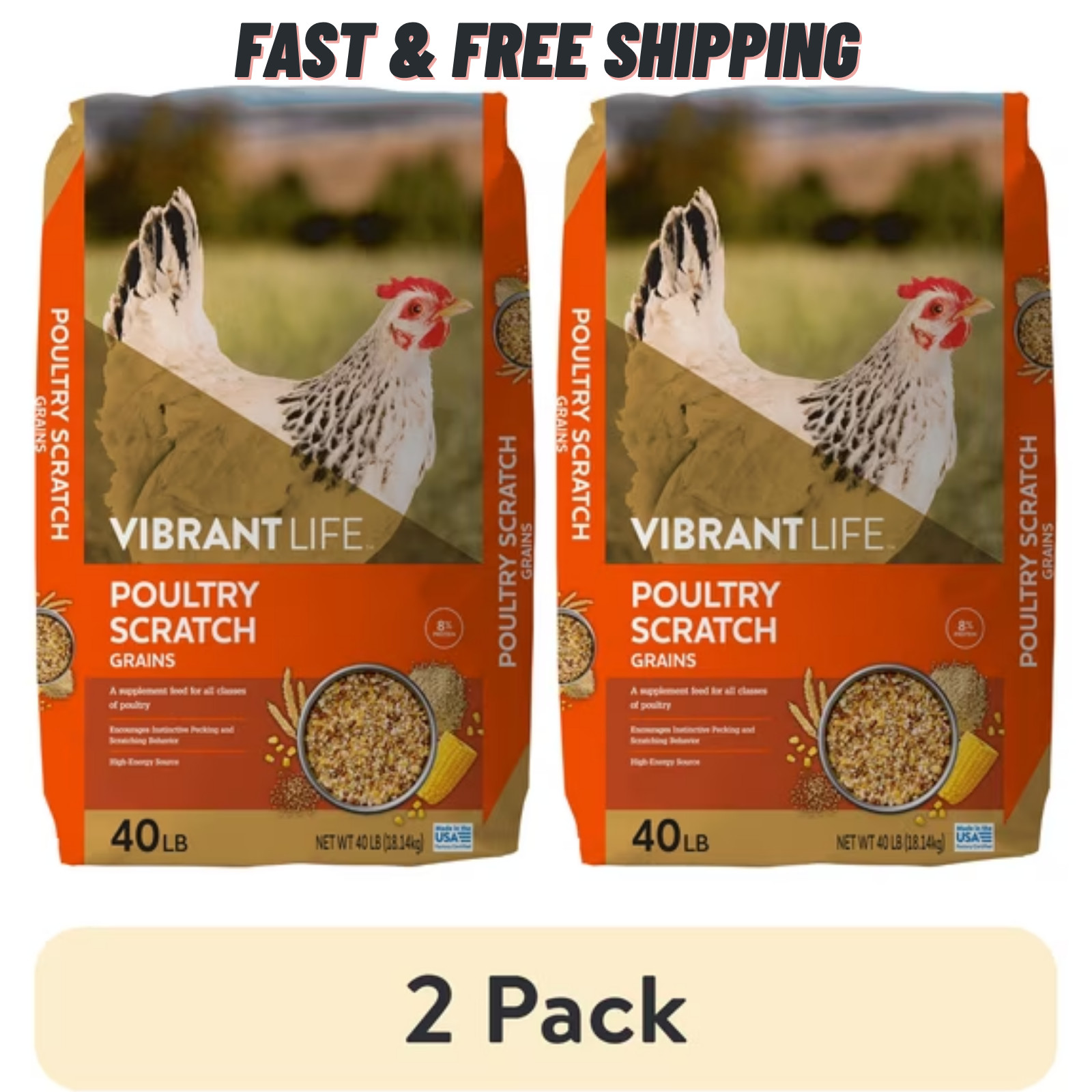 2 Pack Vibrant Life Poultry Scratch Grains 40 lb Chicken Turkey Feed 80 lb Total