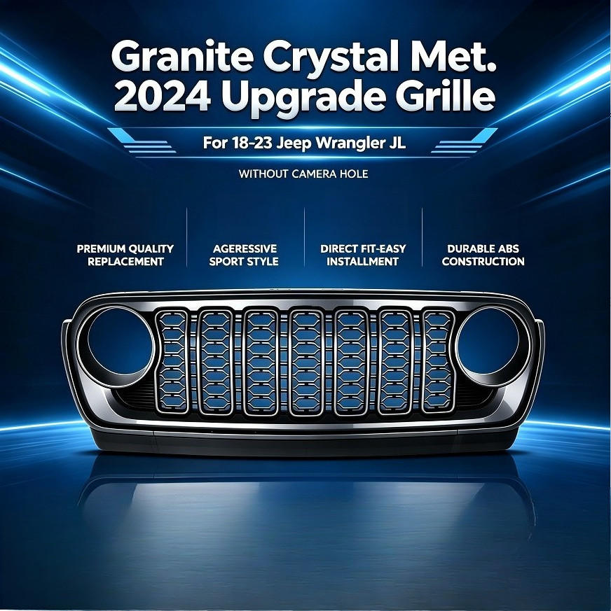 Granite Crystal Met. 2024 Upgrade Grille For 18-23 Jeep Wrangler JL w/o Cam Hole