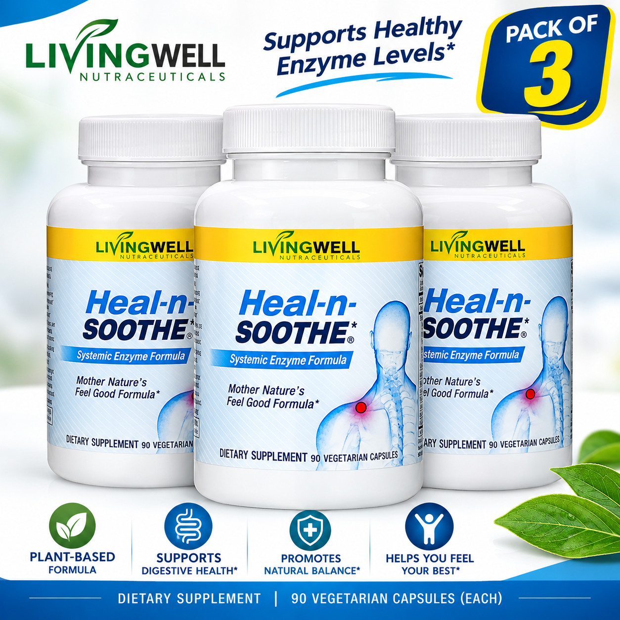 3 Pack LivingWell Nutraceuticals Heal-n-Soothe Systemic Enzyme Formula 90 Cap