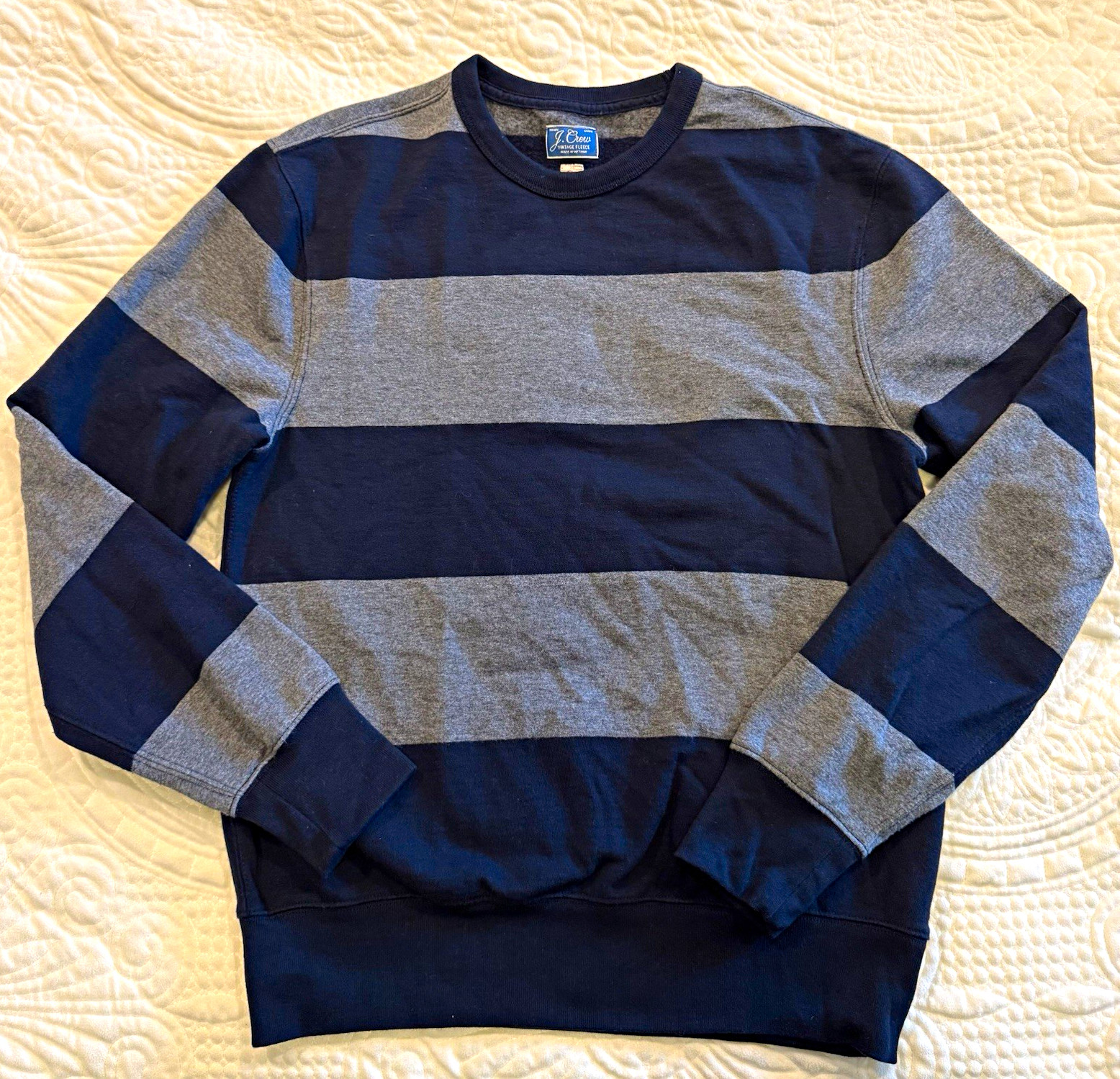 J.Crew Men\'s Fleece Crew Neck Pullover Sweater Striped Navy Gray Size S