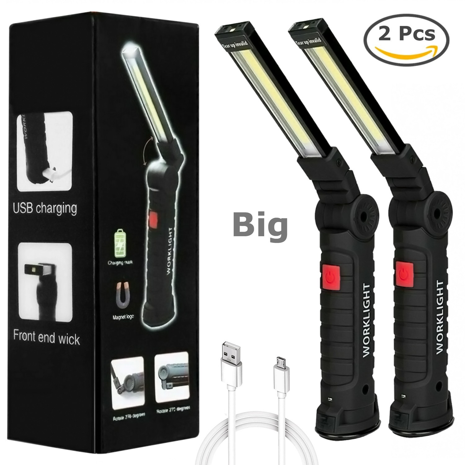2PCS Magnetic Rechargeable COB LED RED Work Light Lamp Flashlight Folding Torch 2PCS Magnetic Rechargeable COB LED RED Work Light Lamp Flashlight Folding Torch