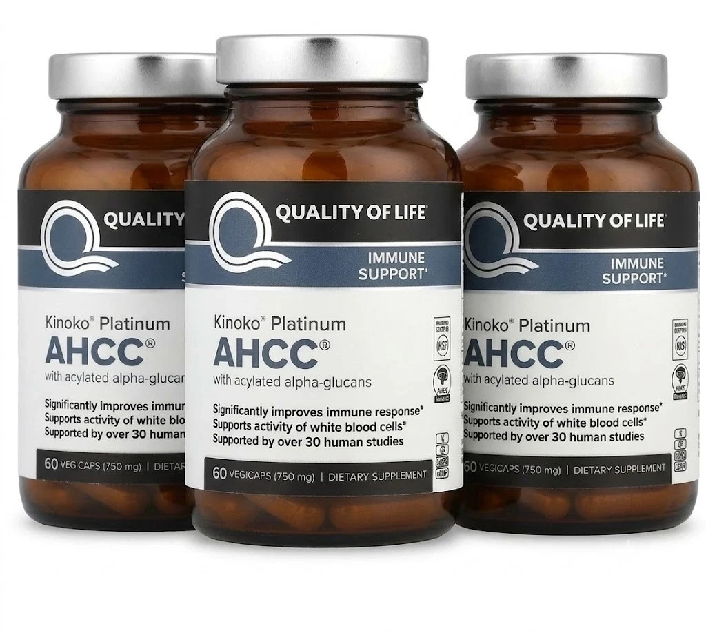 3 Pack Quality of Life Labs Kinoko Platinum AHCC 750 mg - 60 Capsules Each 3 Pack Quality of Life Labs Kinoko Platinum AHCC 750 mg - 60 Capsules Each
