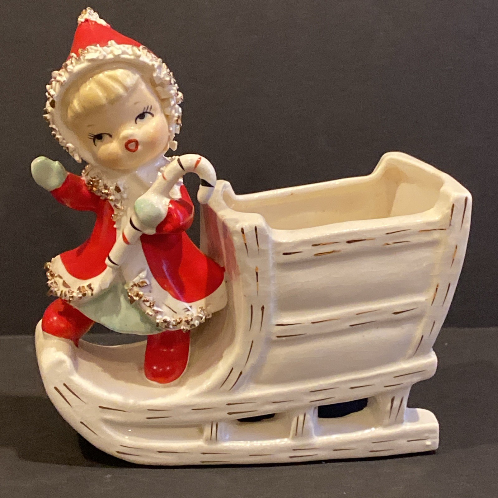 Vtg Ceramic Christmas Girl Candy Cane Sleigh Japan Spaghetti 1950’s Mid Century Vtg Ceramic Christmas Girl Candy Cane Sleigh Japan Spaghetti 1950’s Mid Century