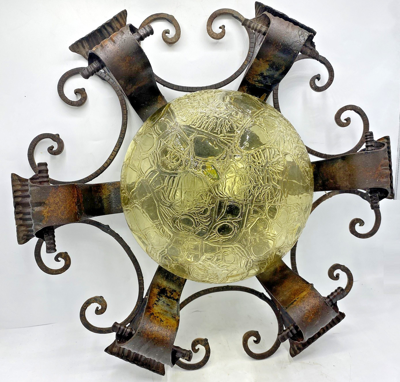 Large antique french ceiling light lamp early 1900's iron glass globe Large antique french ceiling light lamp early 1900's iron glass globe