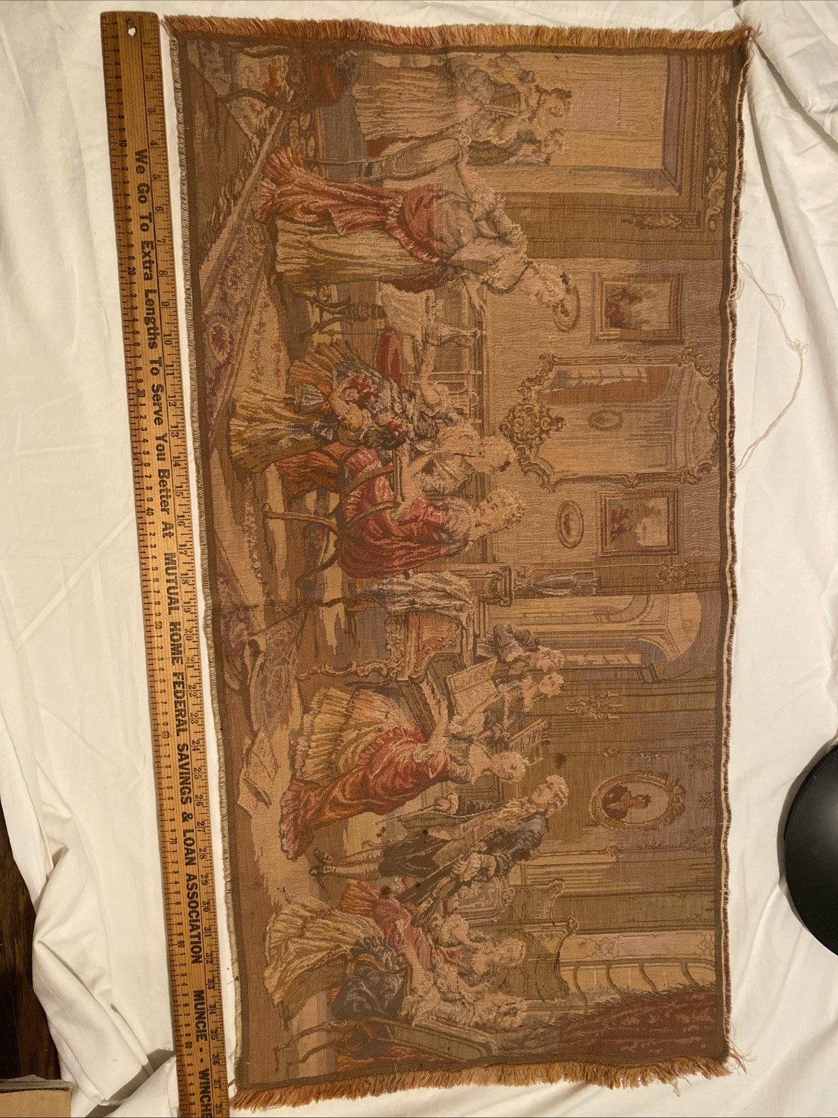 Antique Woven Belgian Tapestry, Victorian 18th Century Parlor Party Scene 38x19 Antique Woven Belgian Tapestry, Victorian 18th Century Parlor Party Scene 38x19