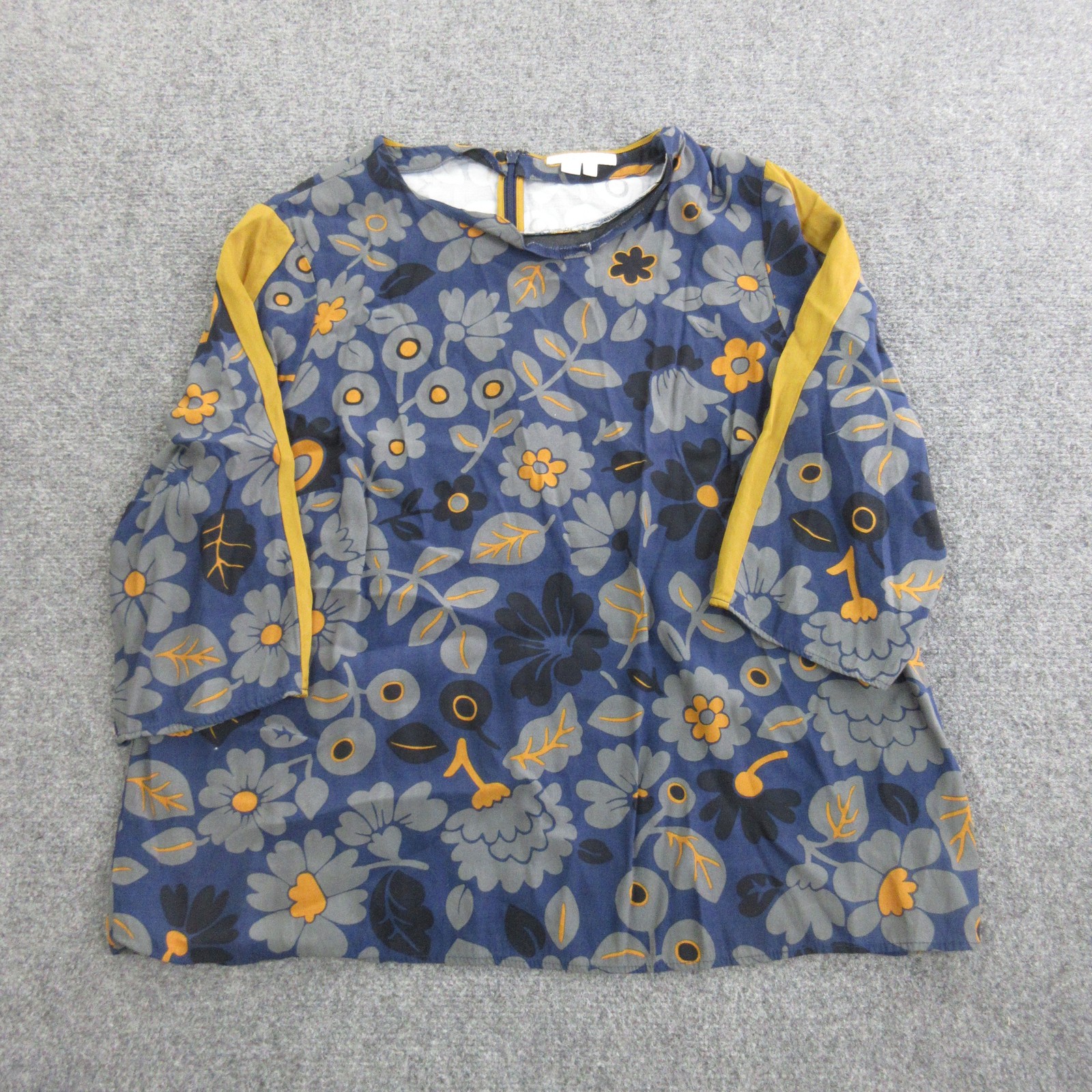 Boden Blouse Womens 16 Blue Floral Round Neck 3/4 Sleeve Yellow Trim Tunic Top