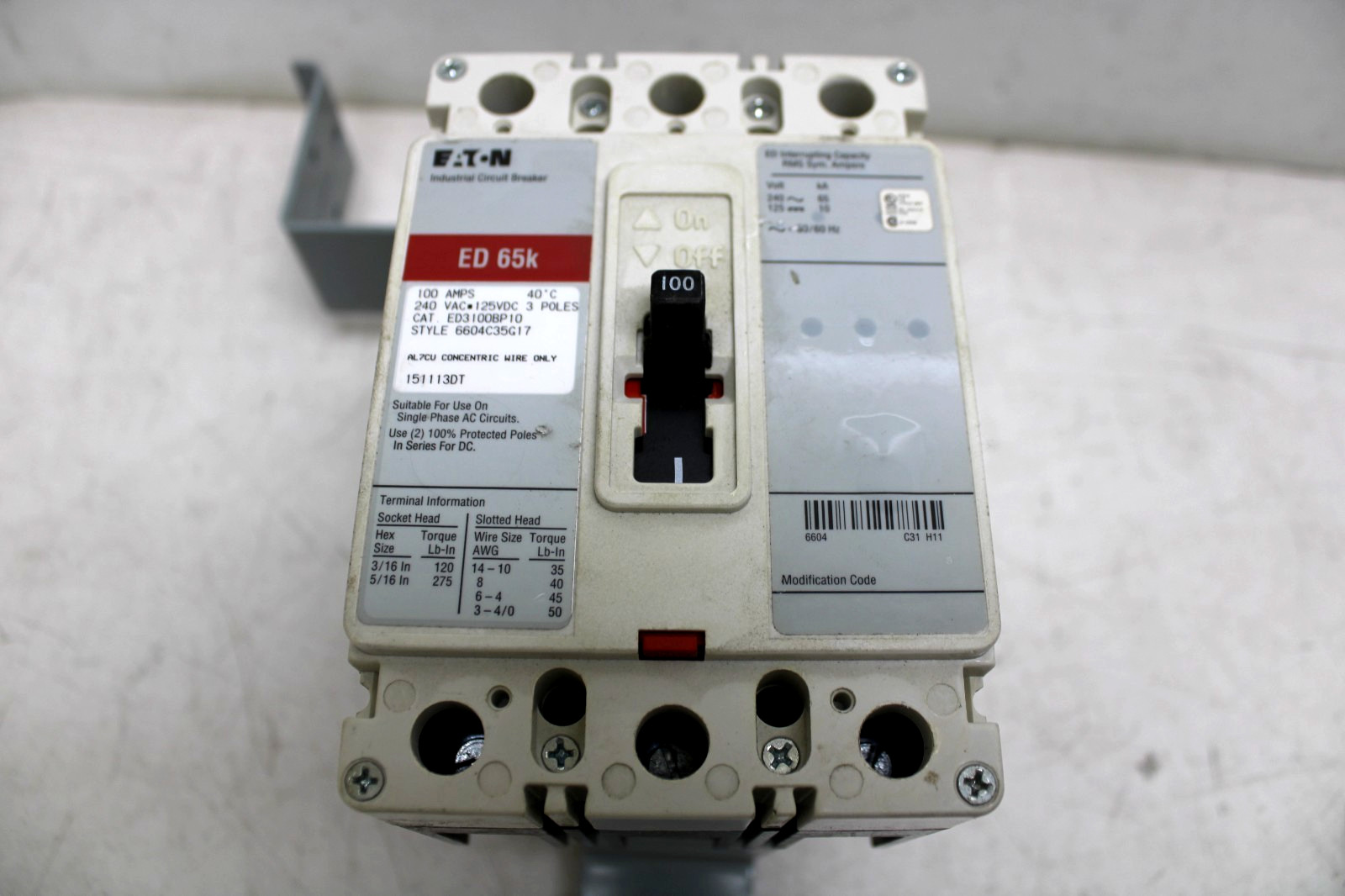 Eaton ED3100BP10 Circuit Breaker 100 Amp 3 Pole 240 VAC 125 VDC ED65k-USED