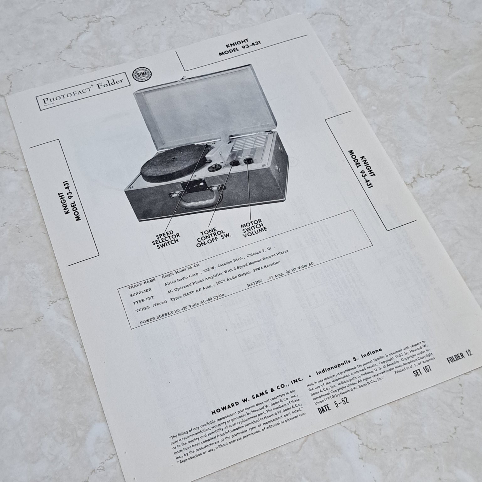 KNIGHT 93-431 Record Player Manual 1952 Photofact Folder Illustrated