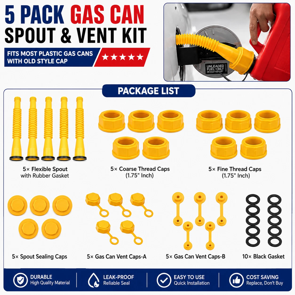 5X Replacement Gas Can Spout Nozzle Vent Kit For Plastic Gas Cans Old Style Caps