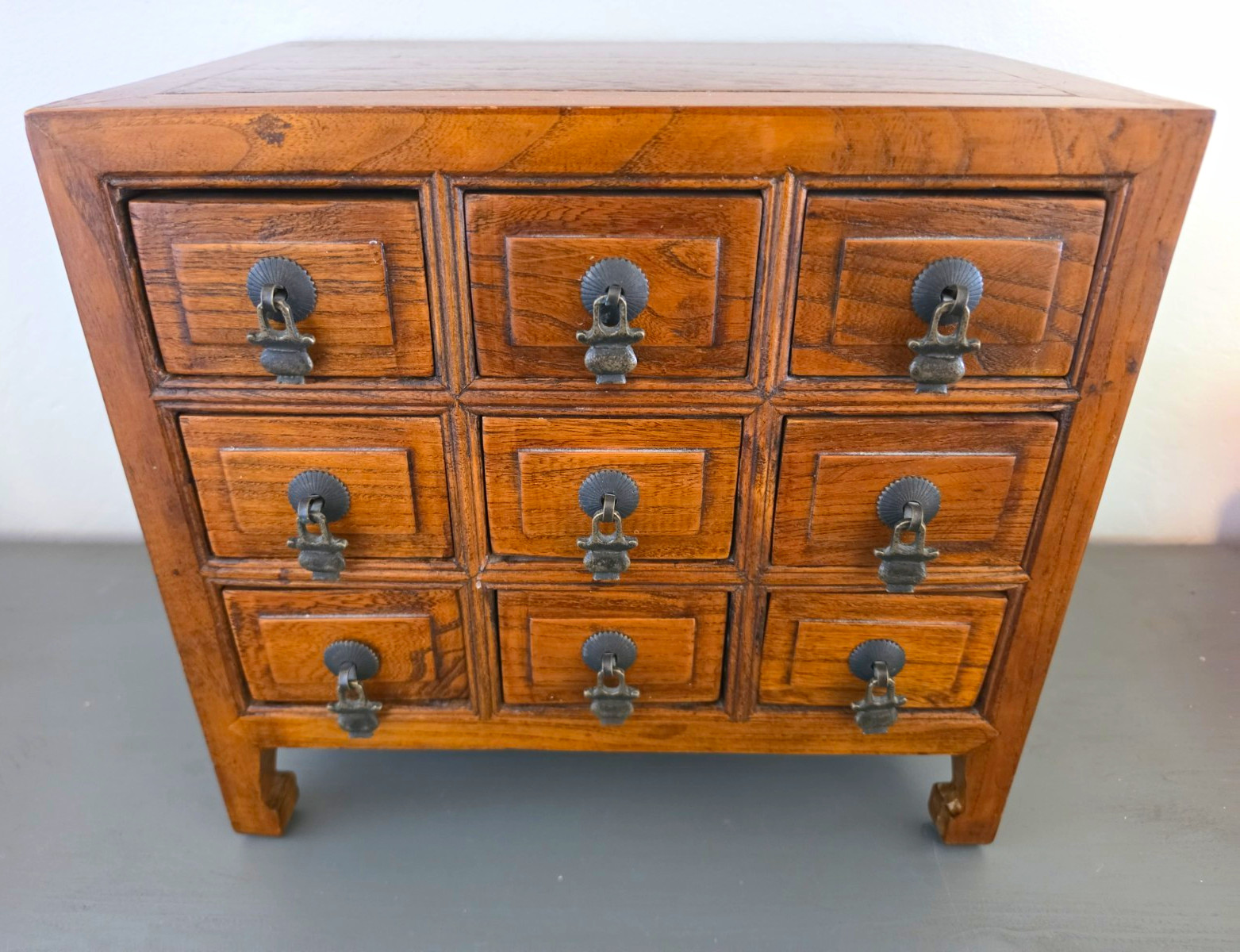 Antique Brown Stained Wood 9-Drawer Cabinet w/ Metal Pull Handles 14x10x13 Antique Brown Stained Wood 9-Drawer Cabinet w/ Metal Pull Handles 14x10x13