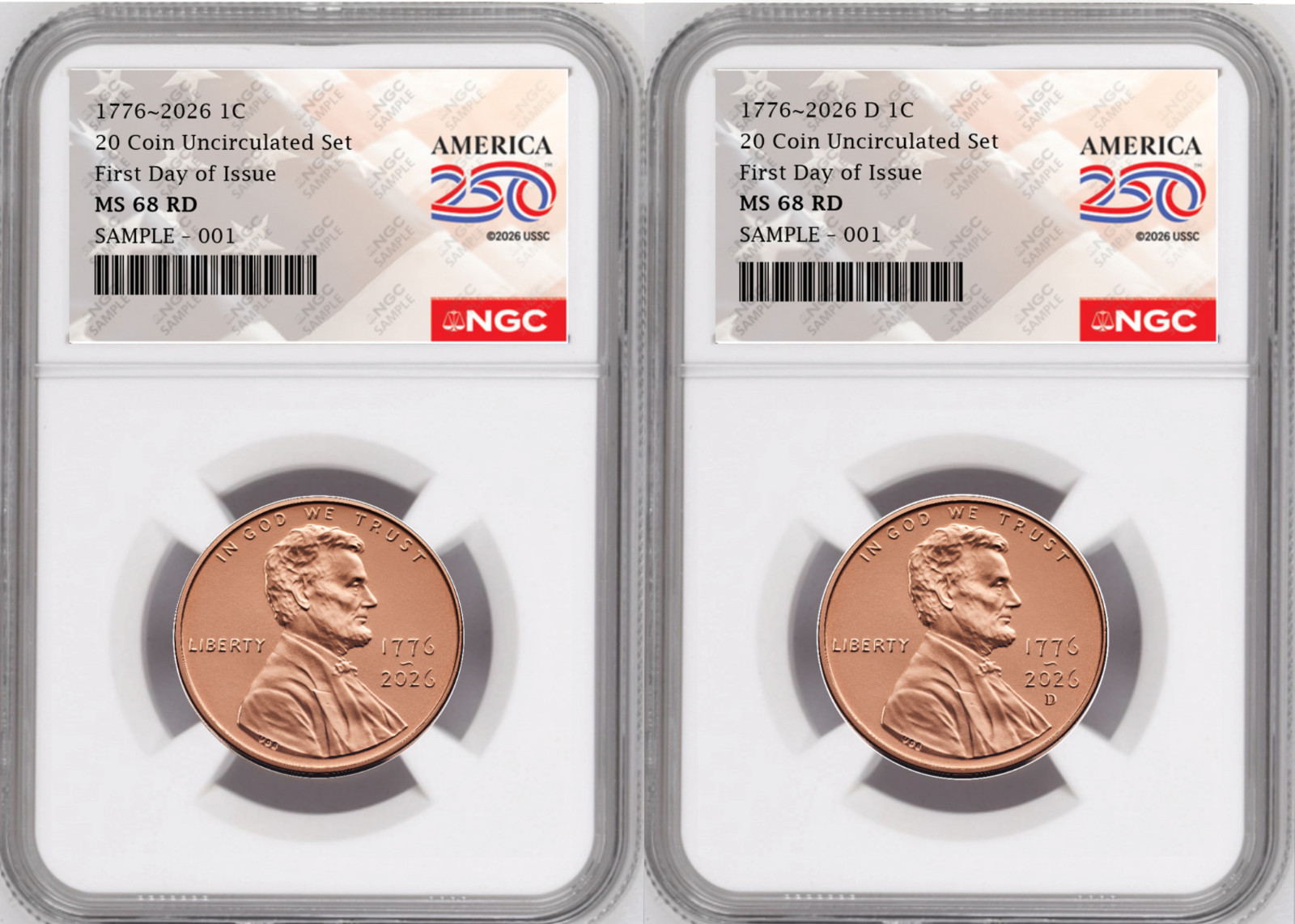2 Coin set, 1776-2026 P & D  Lincoln Cent , NGC MS 68 RD FDOI, 250 Flag 4