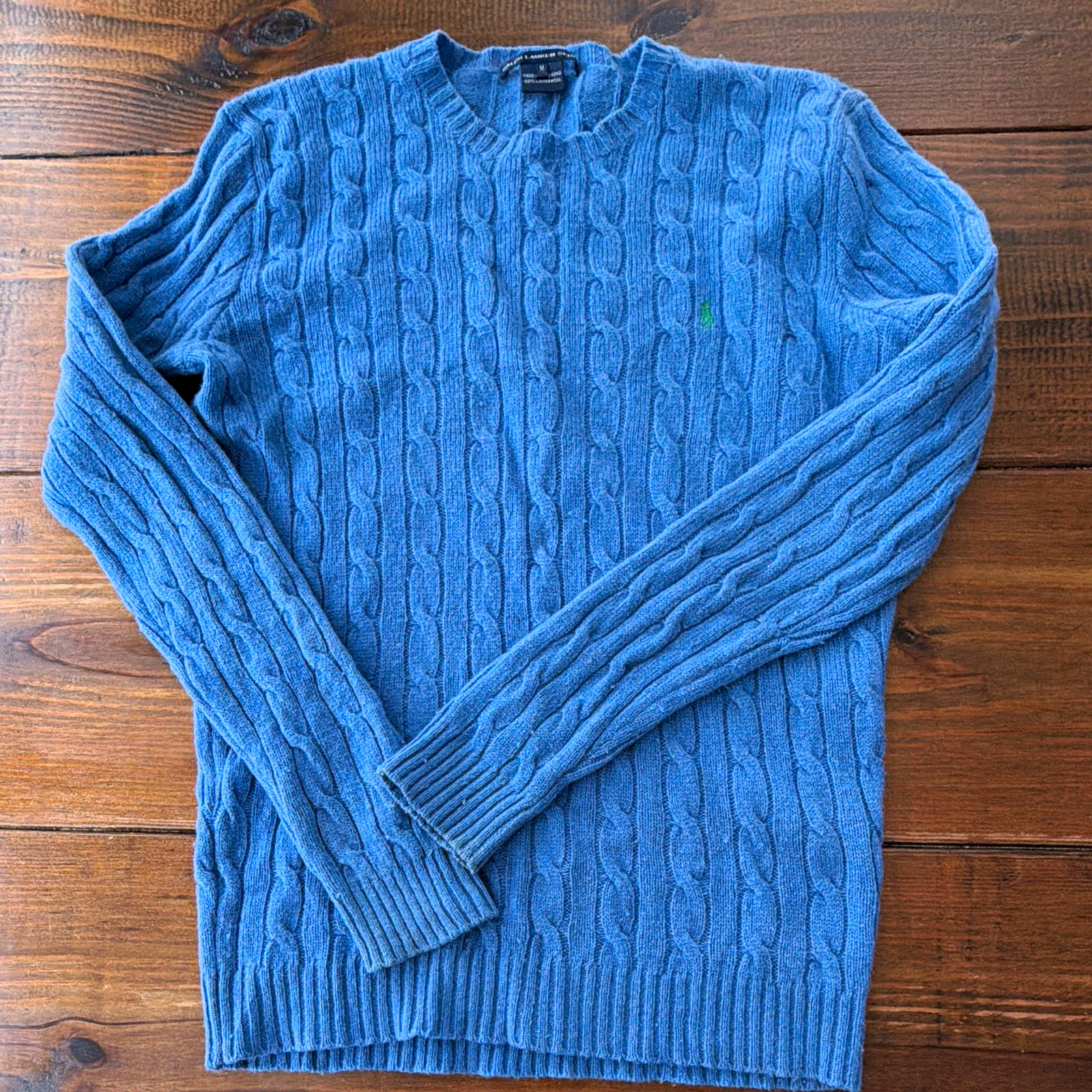 Vintage Ralph Lauren Sport Blue Cable-Knit Lambswool Crewneck Pullover Sweater M