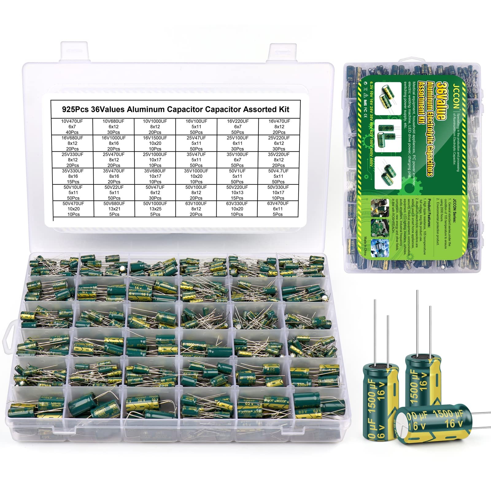 BEEYUIHF 925Pcs Electrolytic Capacitor Kit 36 Values 1uF-1000uF Box BEEYUIHF 925Pcs Electrolytic Capacitor Kit 36 Values 1uF-1000uF Box