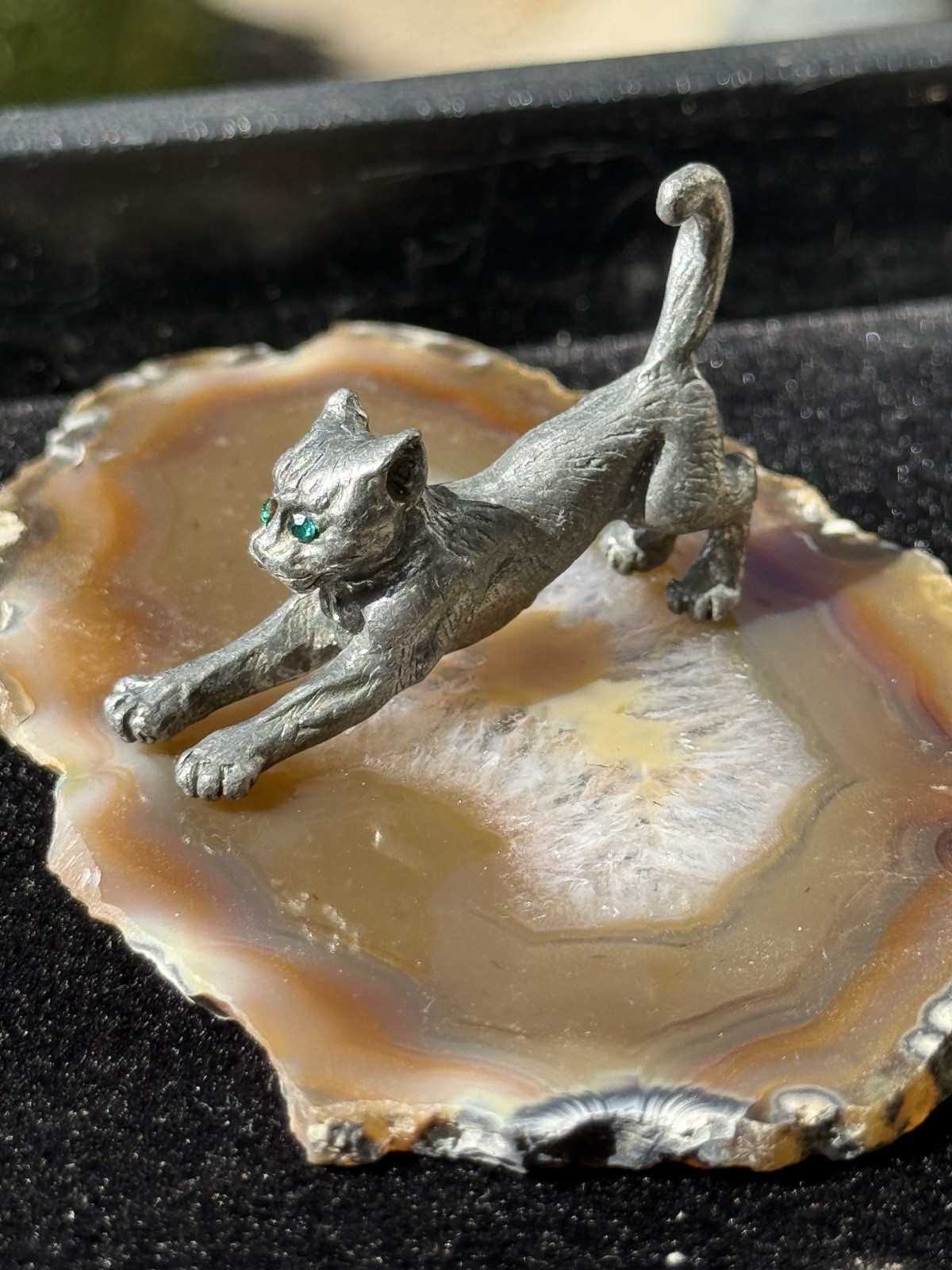 Vintage 1986 MEYER Pewter Cat Figurine Swarovski Green Eyes Agate Base