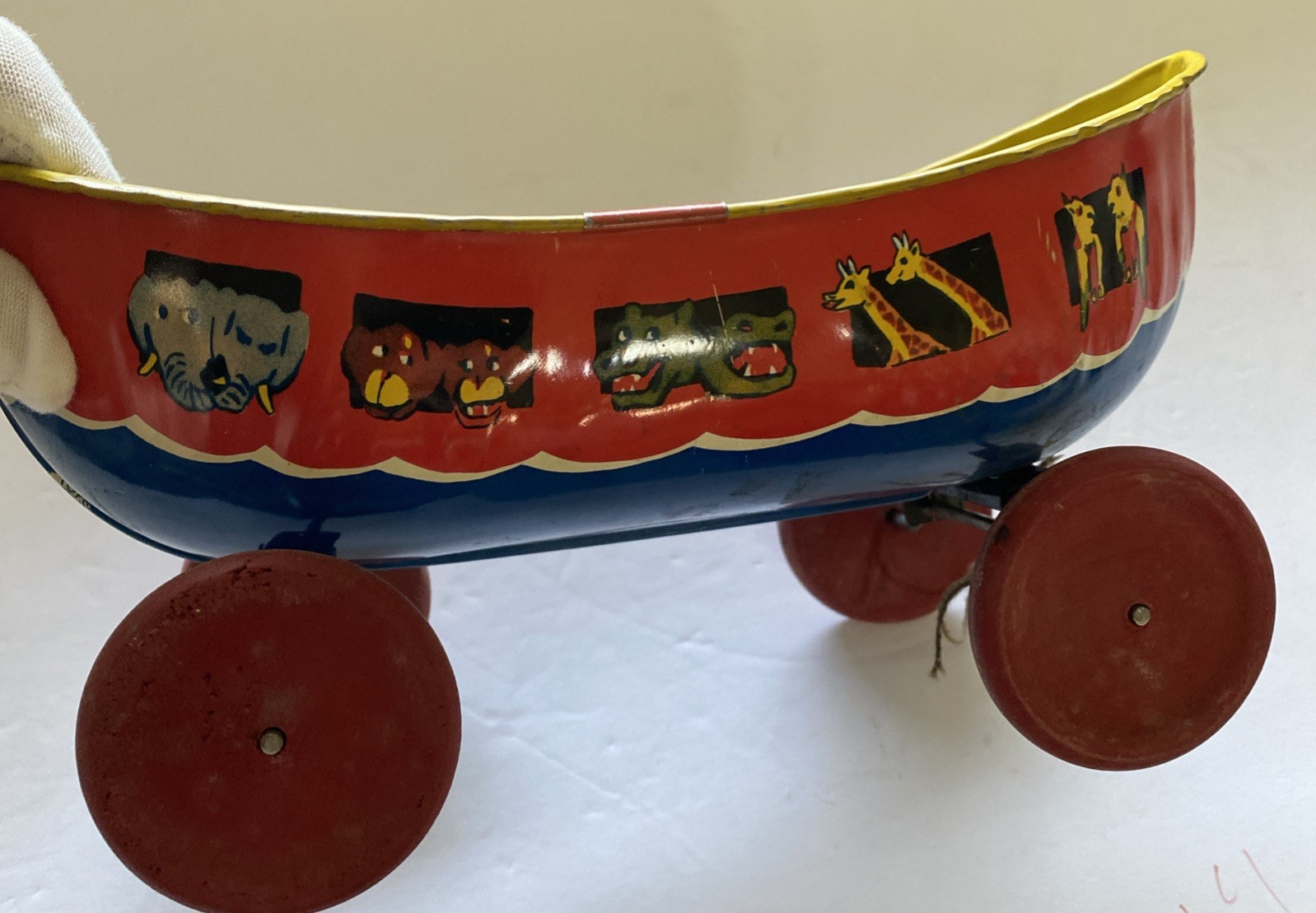 Vintage Tin Toy Ship Boat Noah’s Ark Wyandotte Litho Wood Wheels