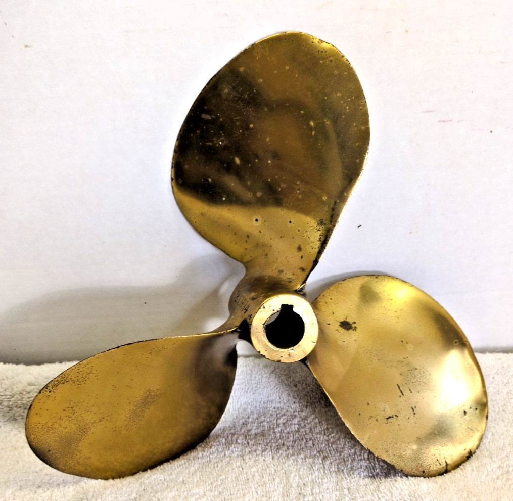 Ant. Vint. Solid Brass Boat Prop 12 Lh 14 Three Blade Tapered Keyed Shaft 4 52