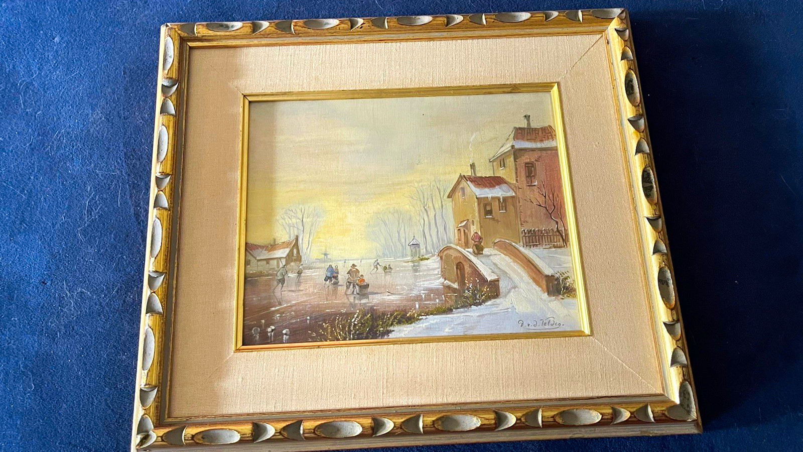 Vintage Dutch Winter Village Oil Painting Signed van der Velden Gilt Frame Skate Vintage Dutch Winter Village Oil Painting Signed van der Velden Gilt Frame Skate