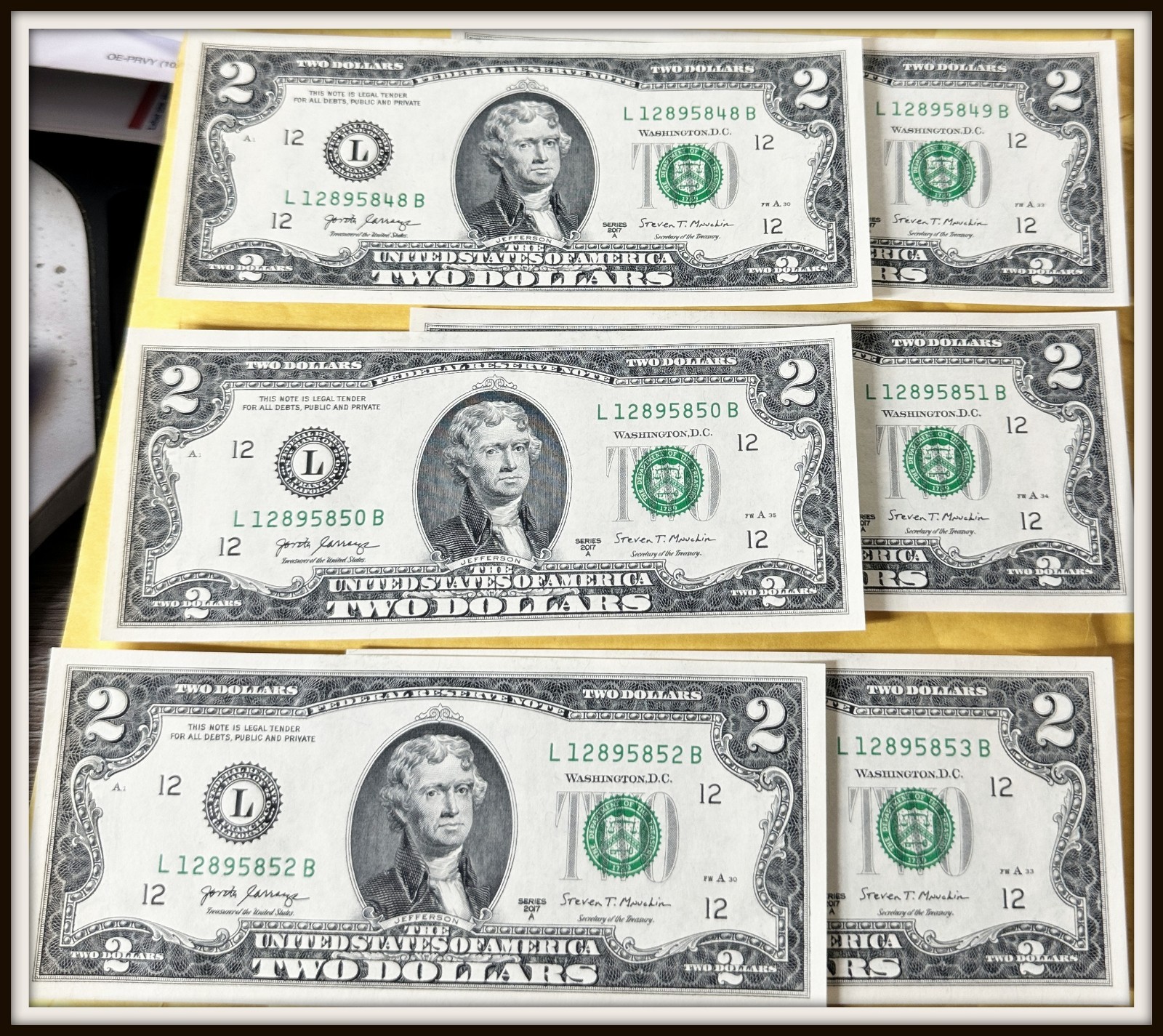 Uncirculated Lot of 6 Two Dollar Bills Sequential Serial Numbers Uncirculated Lot of 6 Two Dollar Bills Sequential Serial Numbers