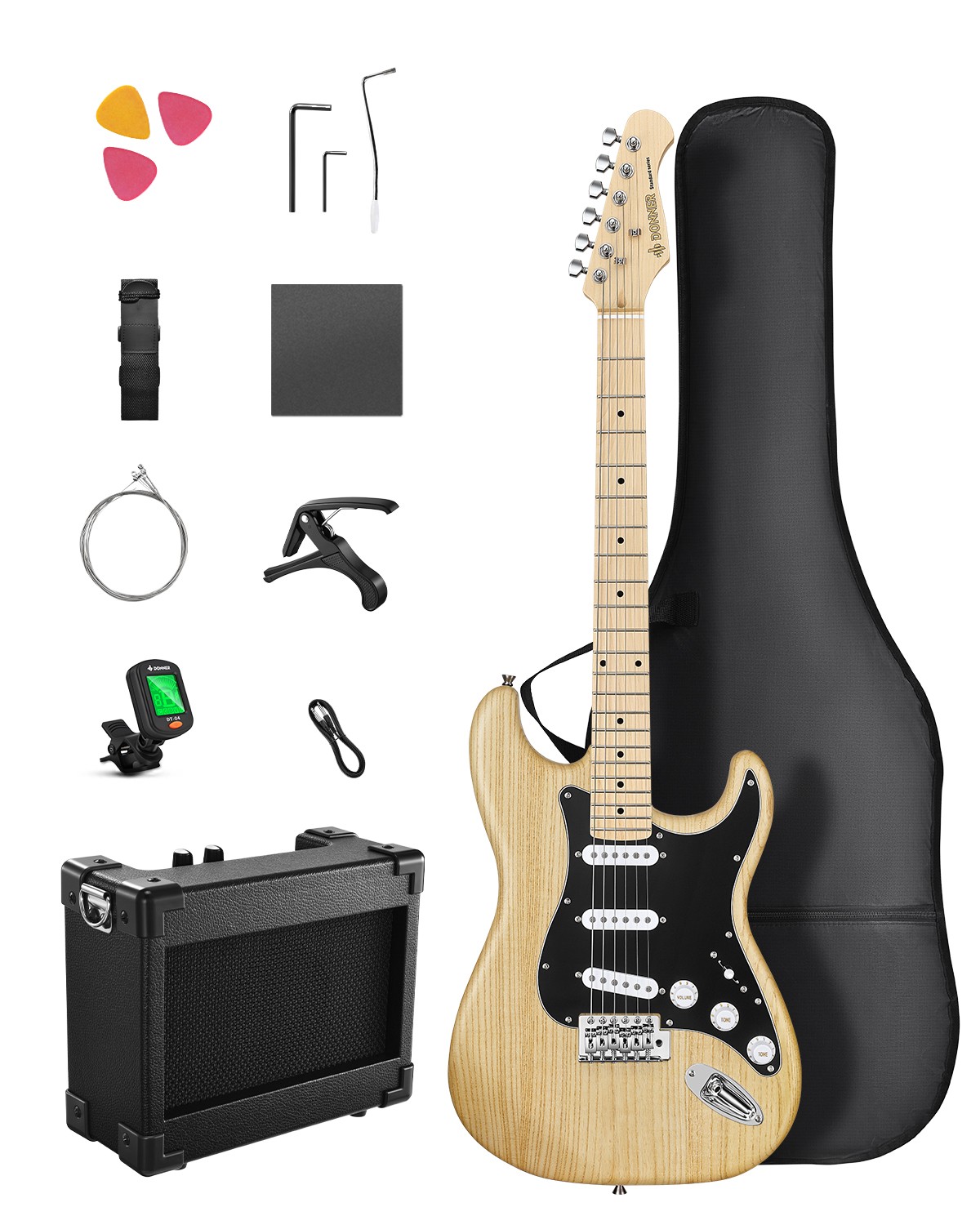 ๐ธ Donner DST-80 Electric Guitar Bundle SSS Pickups Wood Grain Design | Natural ๐ธ Donner DST-80 Electric Guitar Bundle SSS Pickups Wood Grain Design | Natural