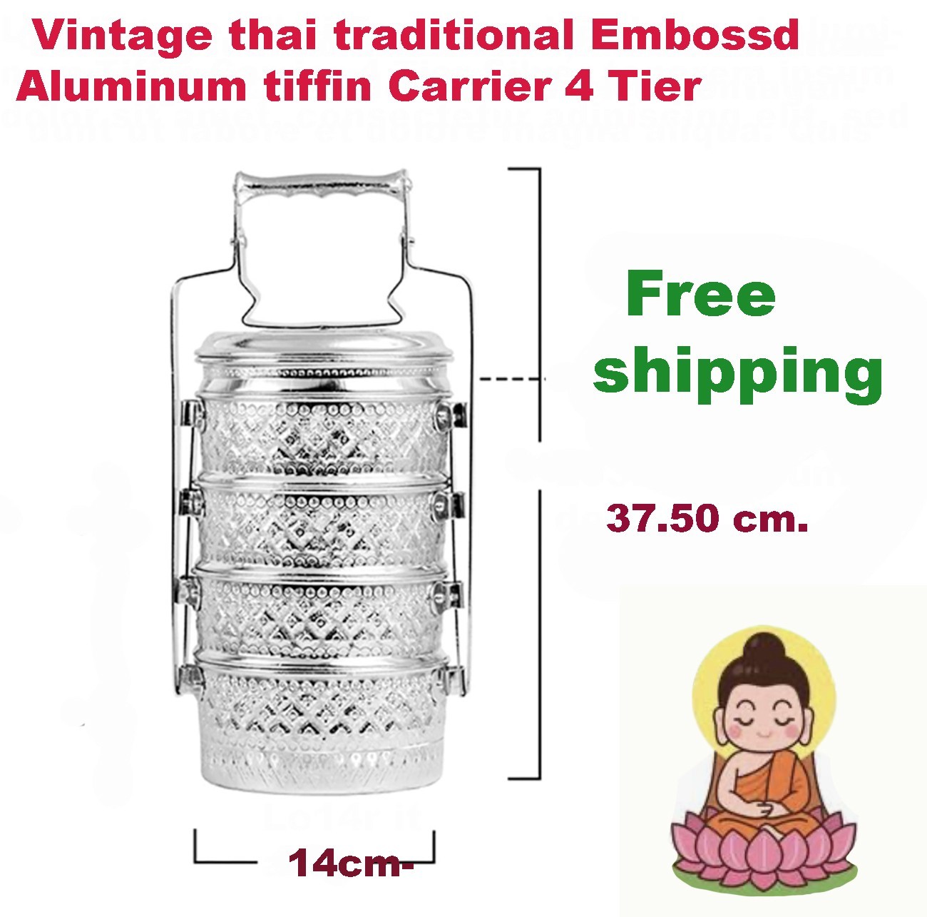 Vintage Thai Traditional Embossed Aluminum Tiffin Carrier 4 Tier 14cm Silver As Vintage Thai Traditional Embossed Aluminum Tiffin Carrier 4 Tier 14cm Silver As