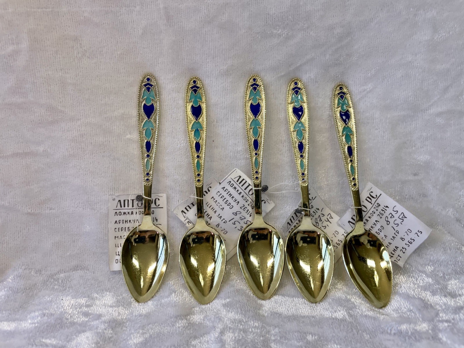 Russian USSR Gilded 916 Silver Enamel Tea Coffee Spoons Spoon Set Sterling Spoon