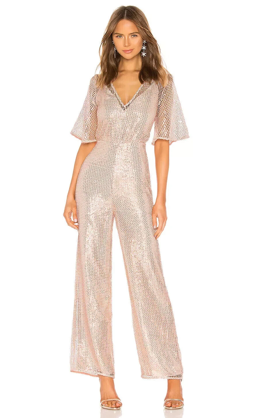 NBD x Naven Camilla Jumpsuit in Peach Blush Sequin Lace V-neck Size XXS