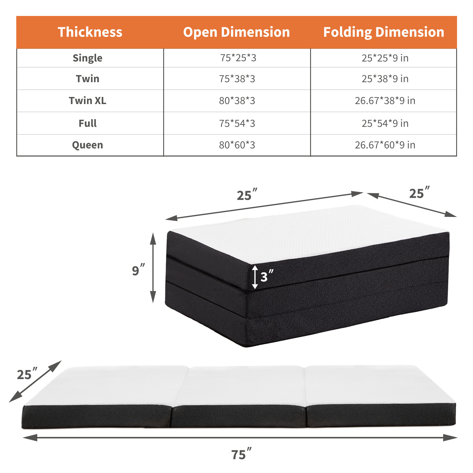 Tri-Fold Memory Foam Mattress Portable Foldable Mattress Topper w/Washable Cover