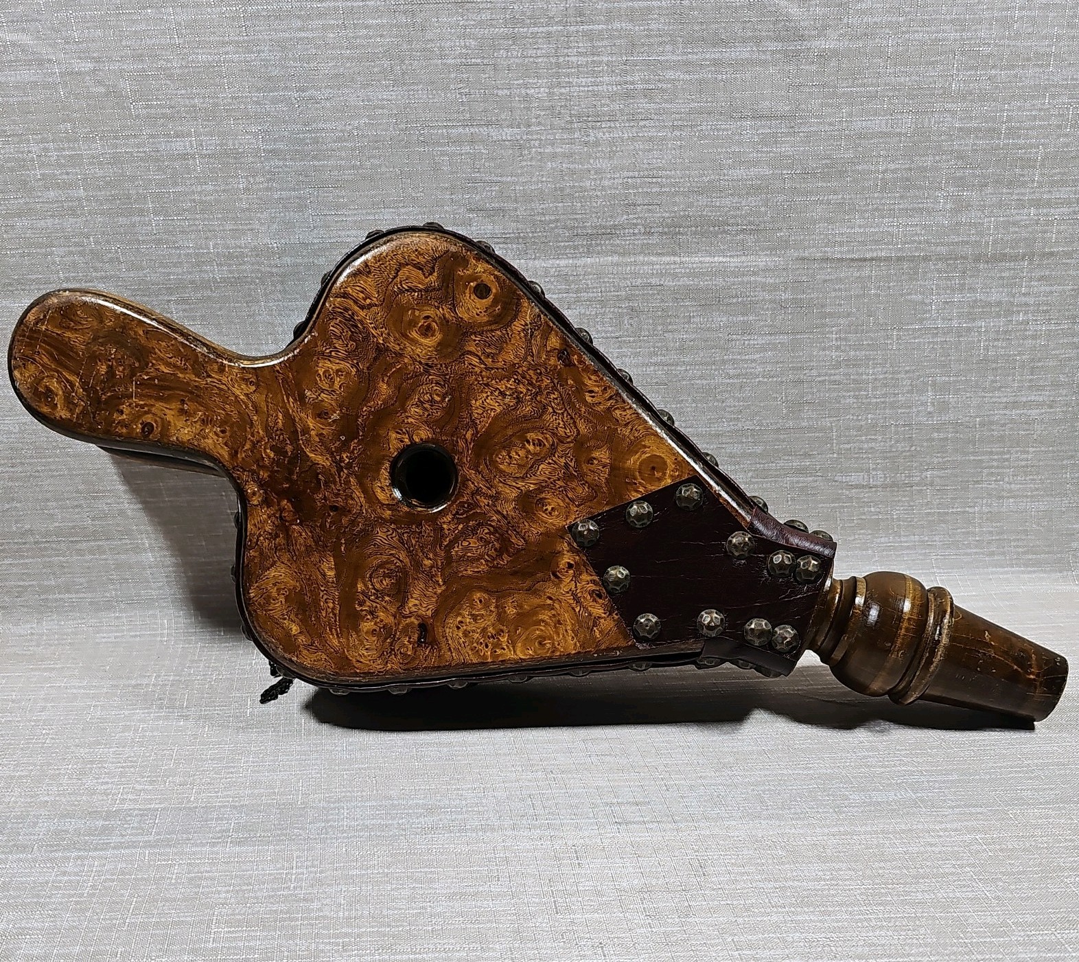 Vtg Bellows Fireplace Air Blower Burl Wood Leather Hand Tool WORKING No Leaks