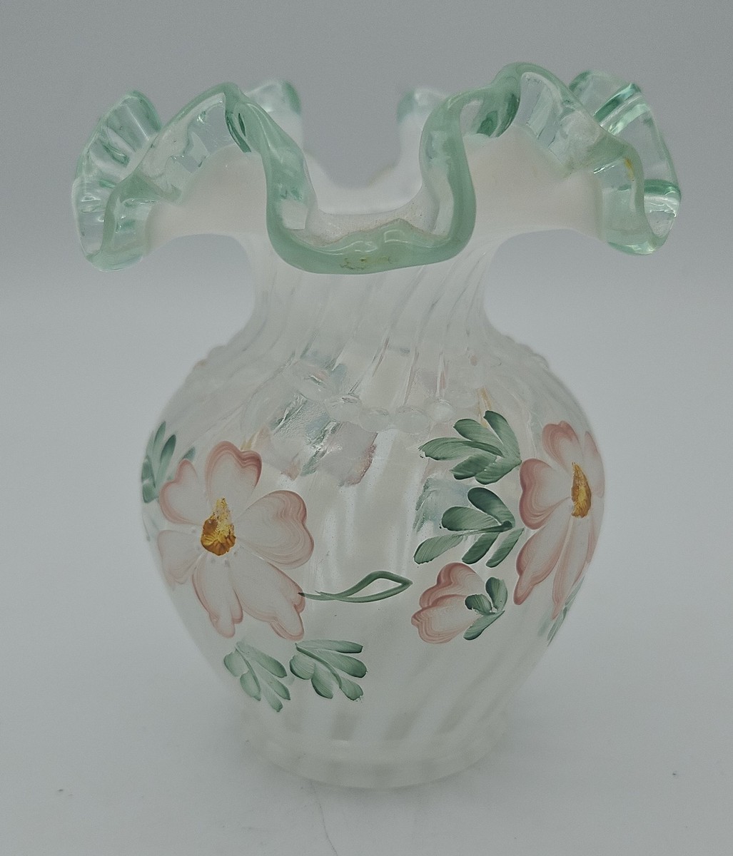 Fenton Hand Painted Wild Rose Satin Glass Vase Fenton Hand Painted Wild Rose Satin Glass Vase