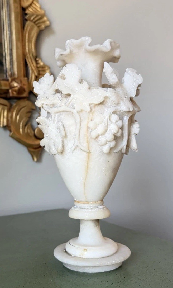 Antique Alabaster Urn Vase w/ Handles, Grape & Leaf Relief, Pedestal Base