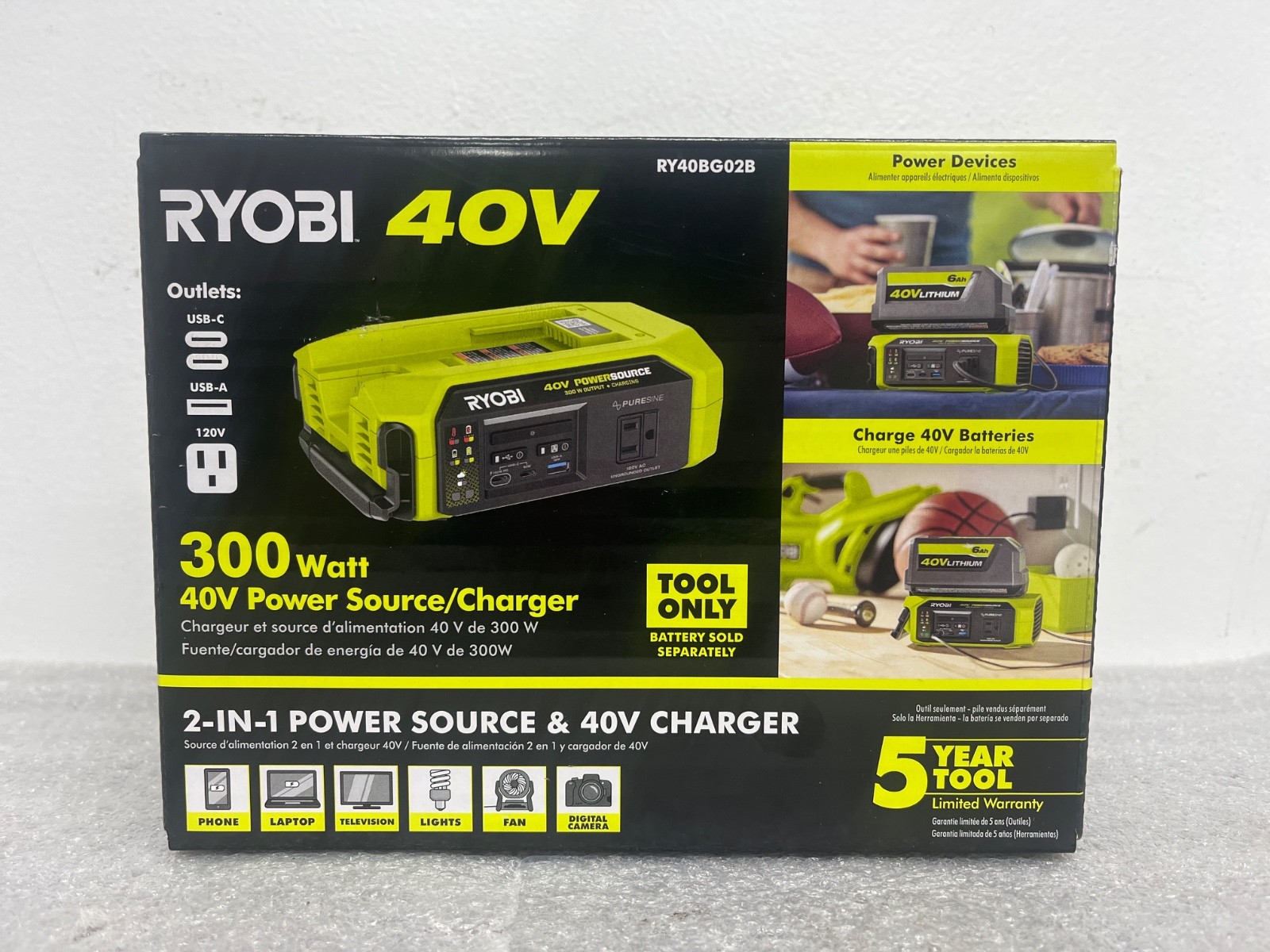 New RYOBI 300 Watt 40V Power Source/Charger (Tool Only) RY40BG02B