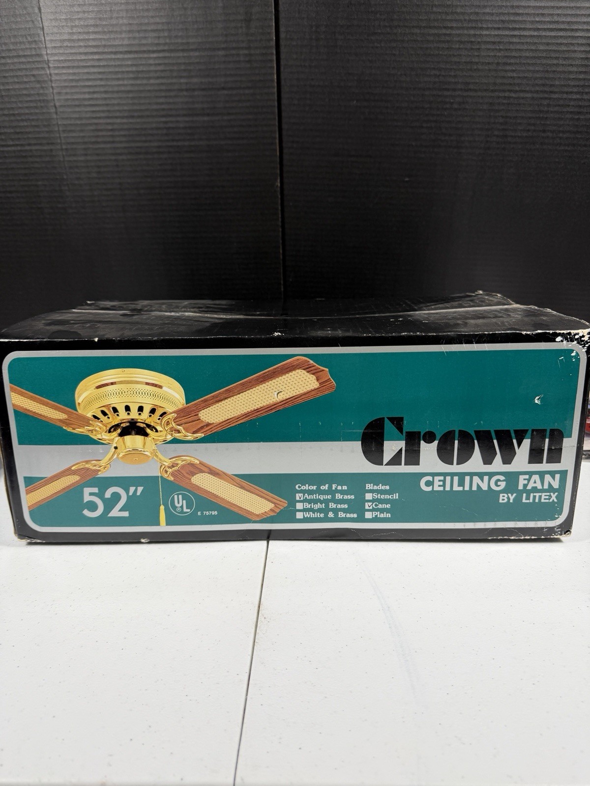 NOS Crown by Litex 52” Ceiling Fan Antique Brass Cane CU52AB-4 Sealed