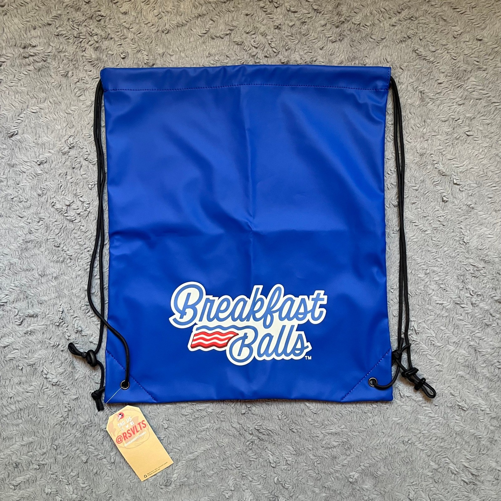 RSVLTS Breakfast Balls Drawstring Bag Cinch Sack Royal Blue New with Tags RSVLTS Breakfast Balls Drawstring Bag Cinch Sack Royal Blue New with Tags