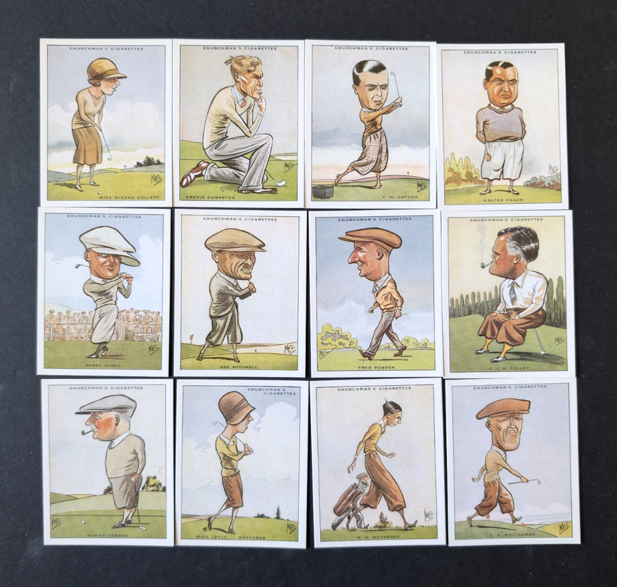vtg - CHURCHMAN'S GOLF CARDS - 12 Prominent Golfers set - Reproduction 1989