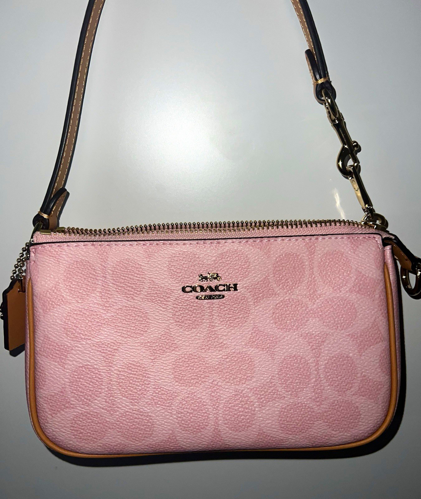Coach Pink Signature Logo Zip-Top Shoulder Bag Purse w/ Charm, Gold Hardware Coach Pink Signature Logo Zip-Top Shoulder Bag Purse w/ Charm, Gold Hardware
