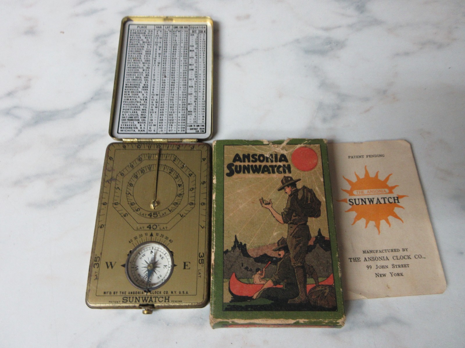 RARE ANTIQUE 1919 ANSONIA SUNDIAL SUNWATCH AND COMPASS USA BRASS PATINA RARE ANTIQUE 1919 ANSONIA SUNDIAL SUNWATCH AND COMPASS USA BRASS PATINA