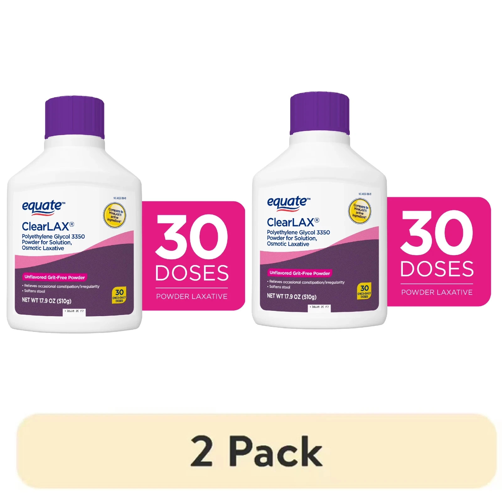 Equate ClearLax Polyethylene Glycol 3350 Powder Solution Unflavored 30 Dose 2Pk Equate ClearLax Polyethylene Glycol 3350 Powder Solution Unflavored 30 Dose 2Pk