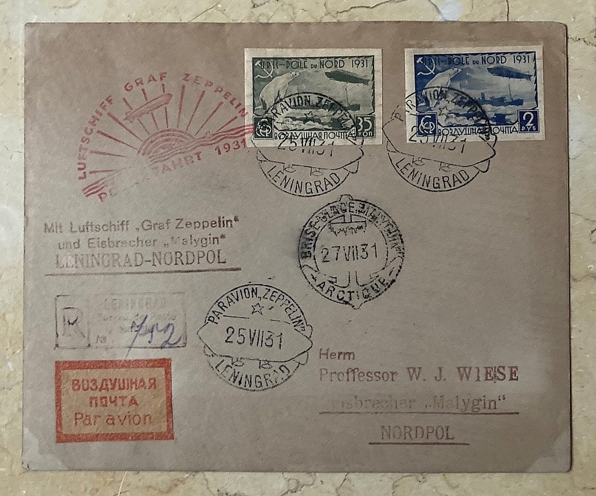 1931 USSR Graf Zeppelin Polar Flight Cover IMPERFORATE Malygin Prof Wiese Rare