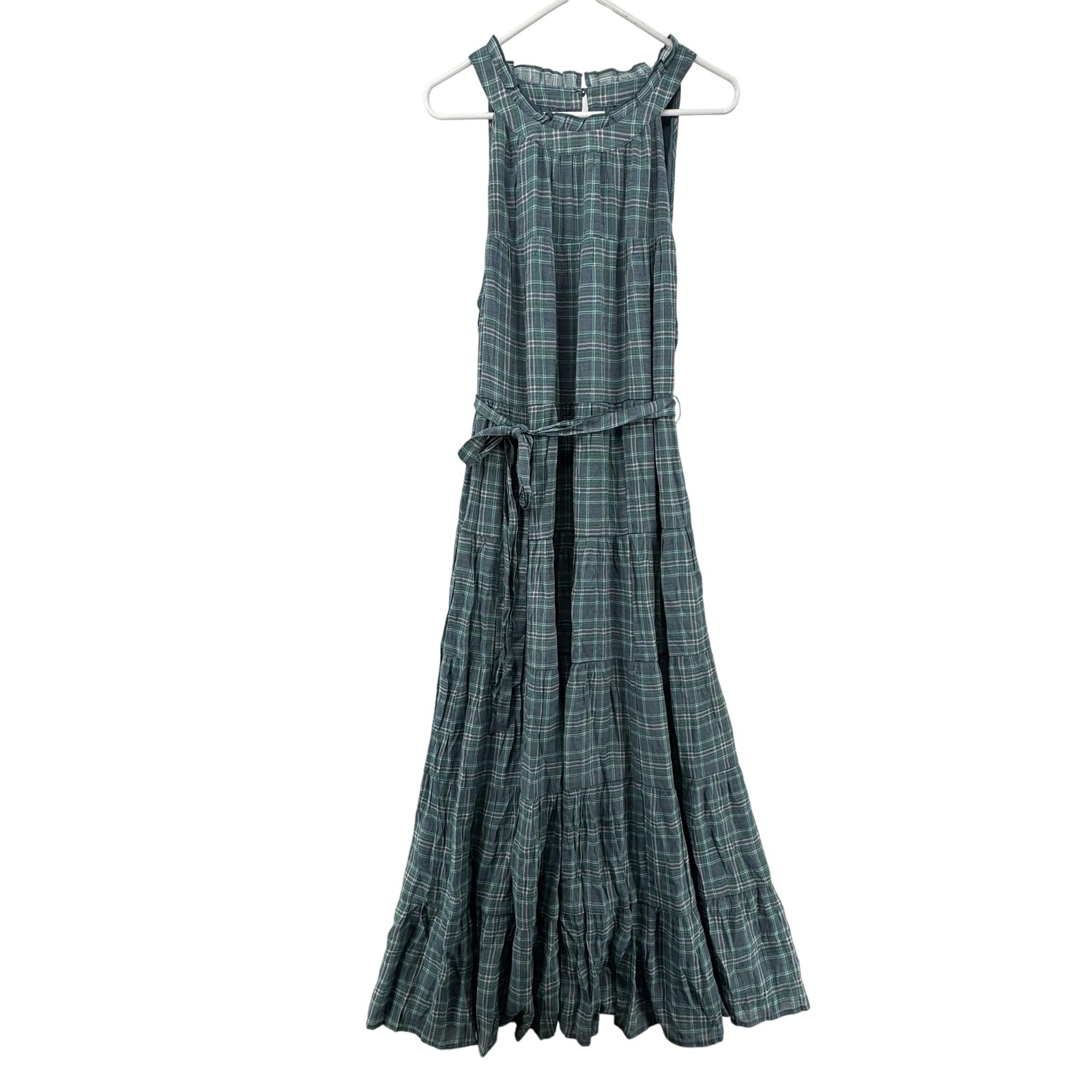 Torrid Maxi Dress Womens 2X Blue Green Plaid Sleeveless Belted Tiered Pockets